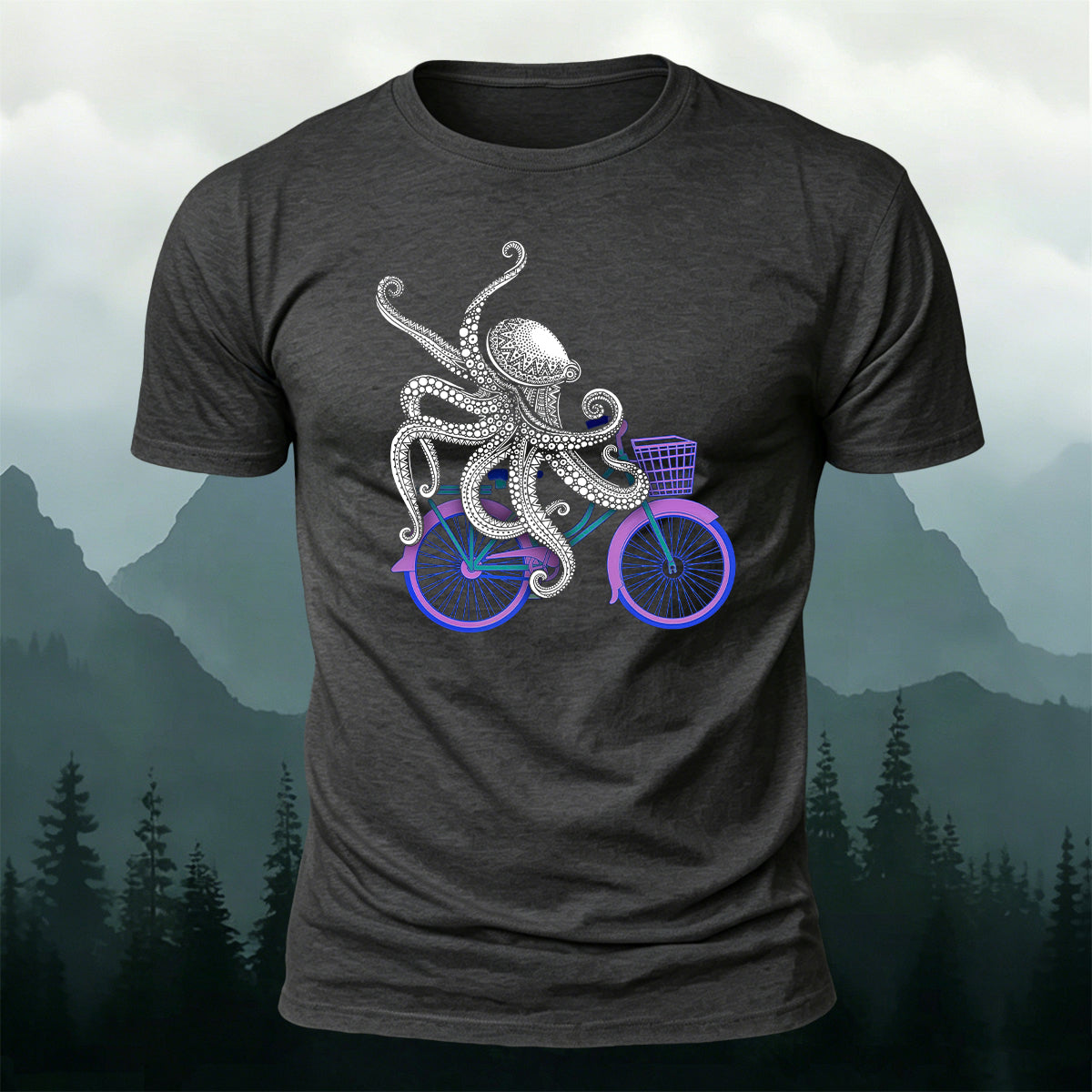 Funny Ornate Octopus Cyclist Casual Cotton Tee