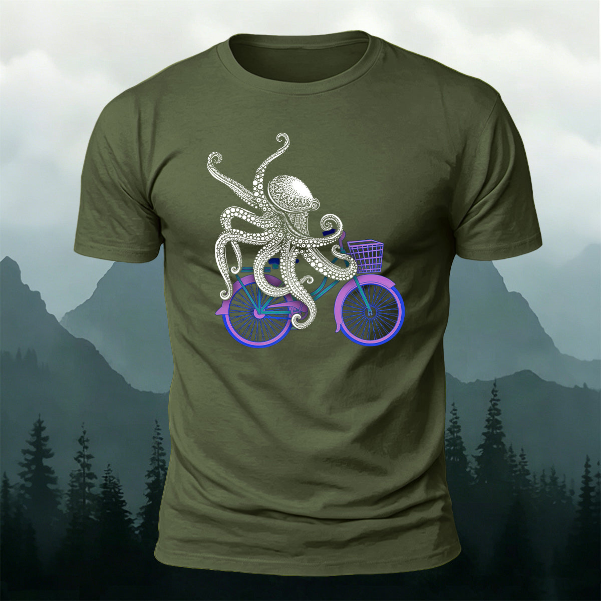 Funny Ornate Octopus Cyclist Casual Cotton Tee