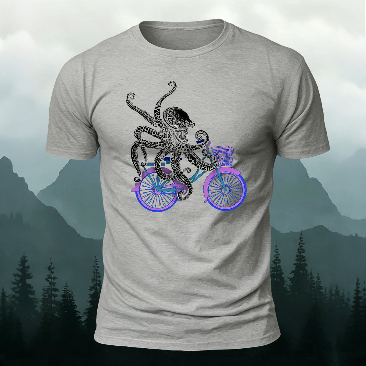 Funny Ornate Octopus Cyclist Casual Cotton Tee