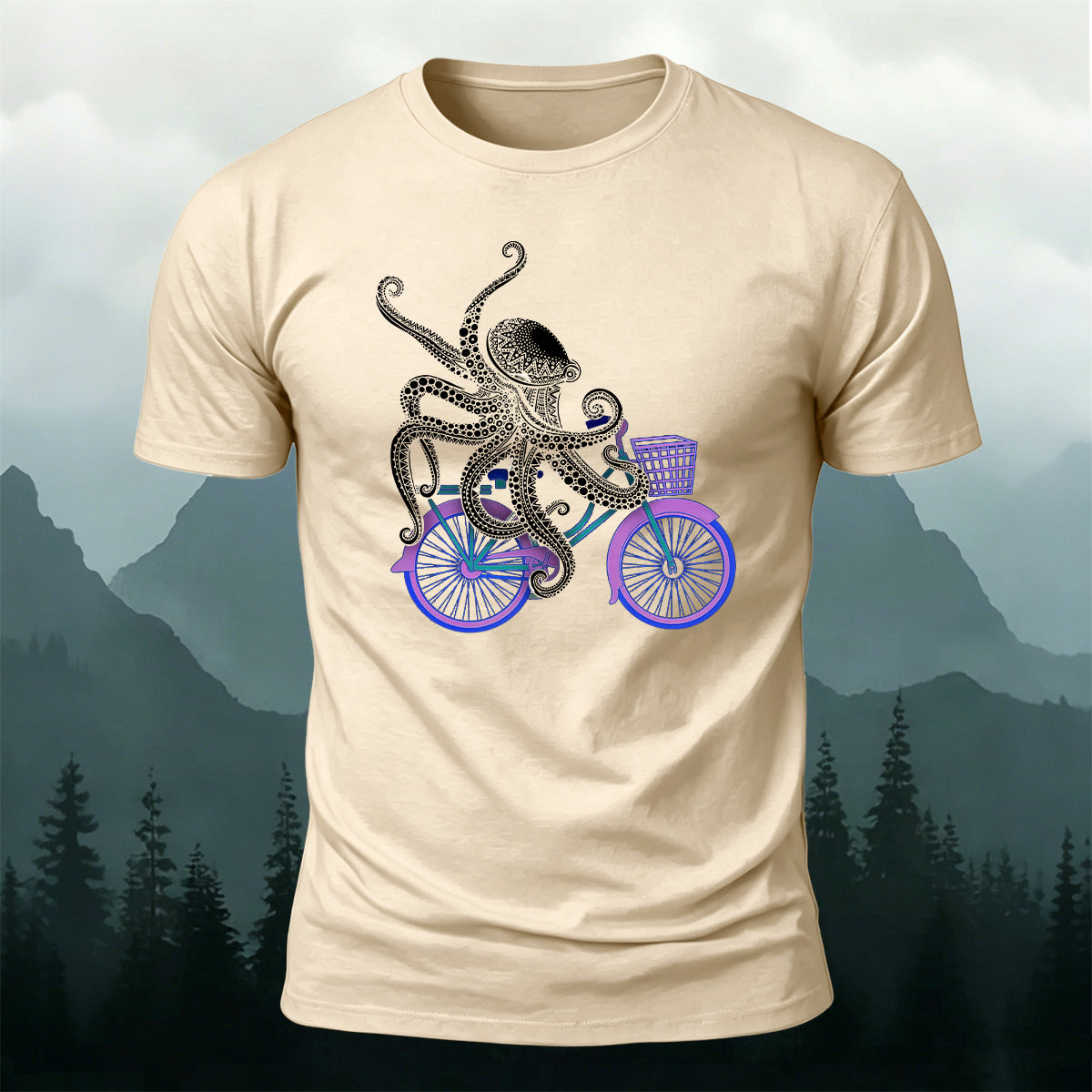 Funny Ornate Octopus Cyclist Casual Cotton Tee