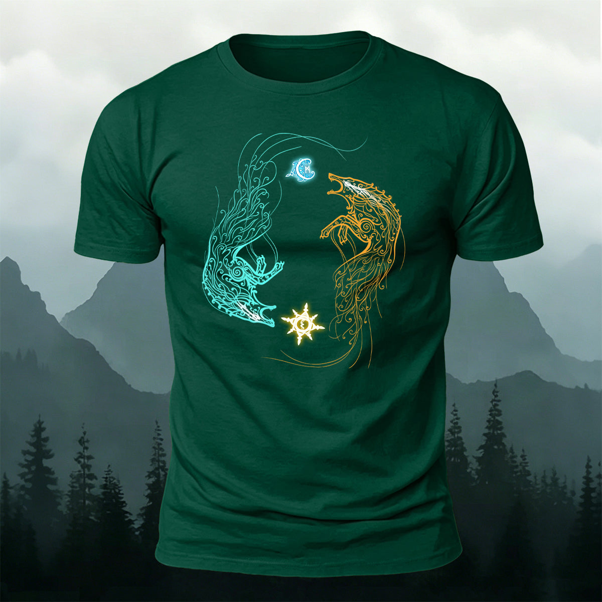Norse Wolves Chasing Sun Moon Premium Cotton Tee
