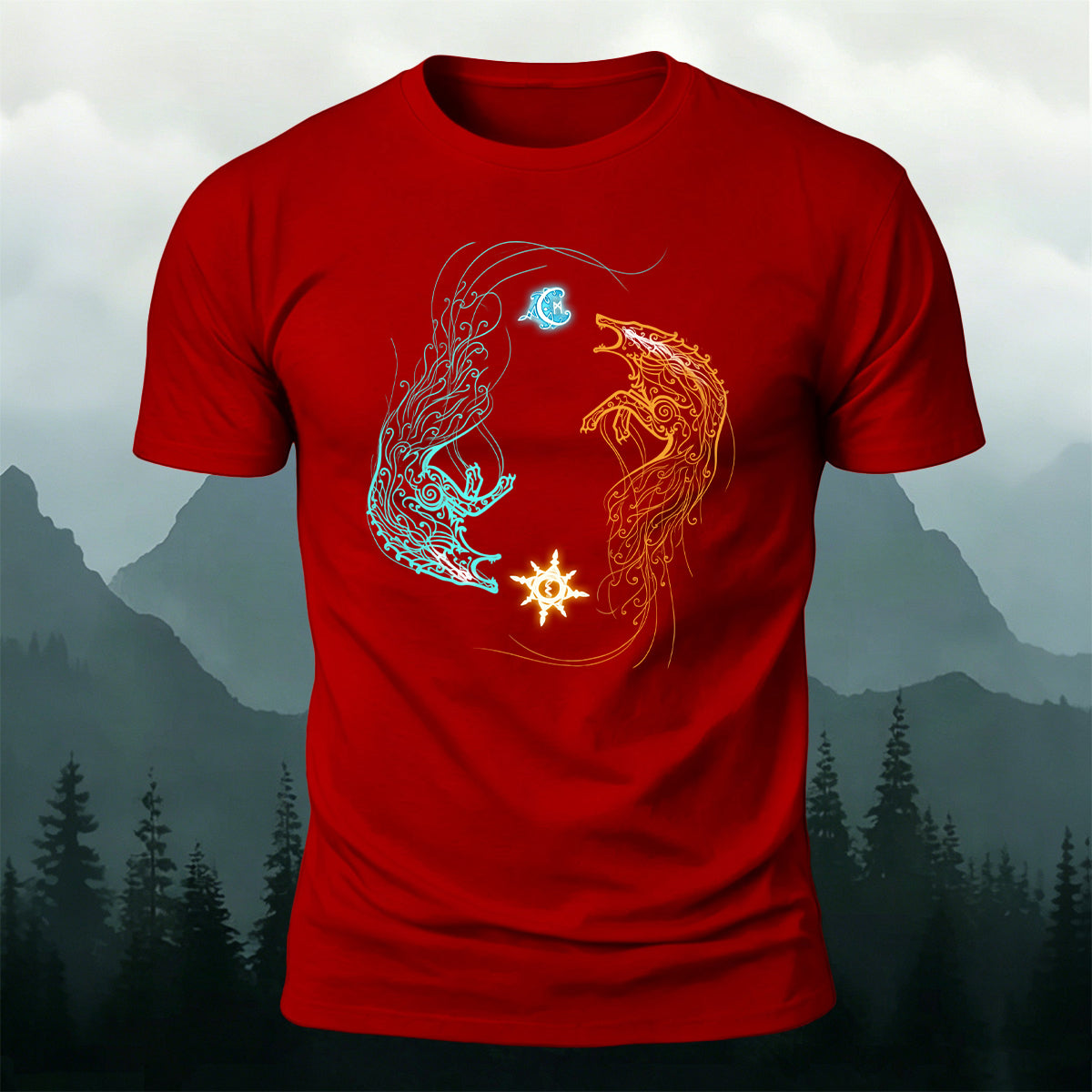 Norse Wolves Chasing Sun Moon Premium Cotton Tee