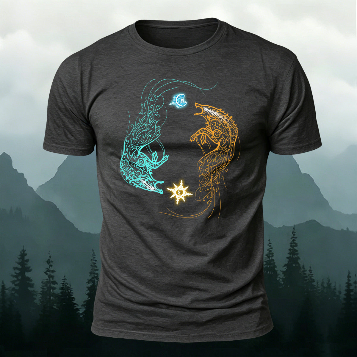 Norse Wolves Chasing Sun Moon Premium Cotton Tee