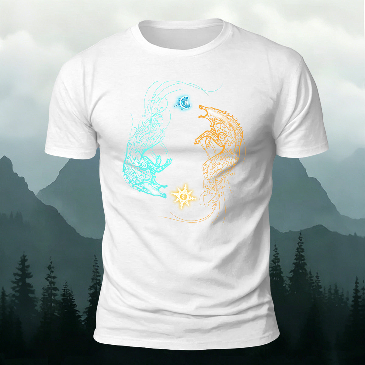 Norse Wolves Chasing Sun Moon Premium Cotton Tee