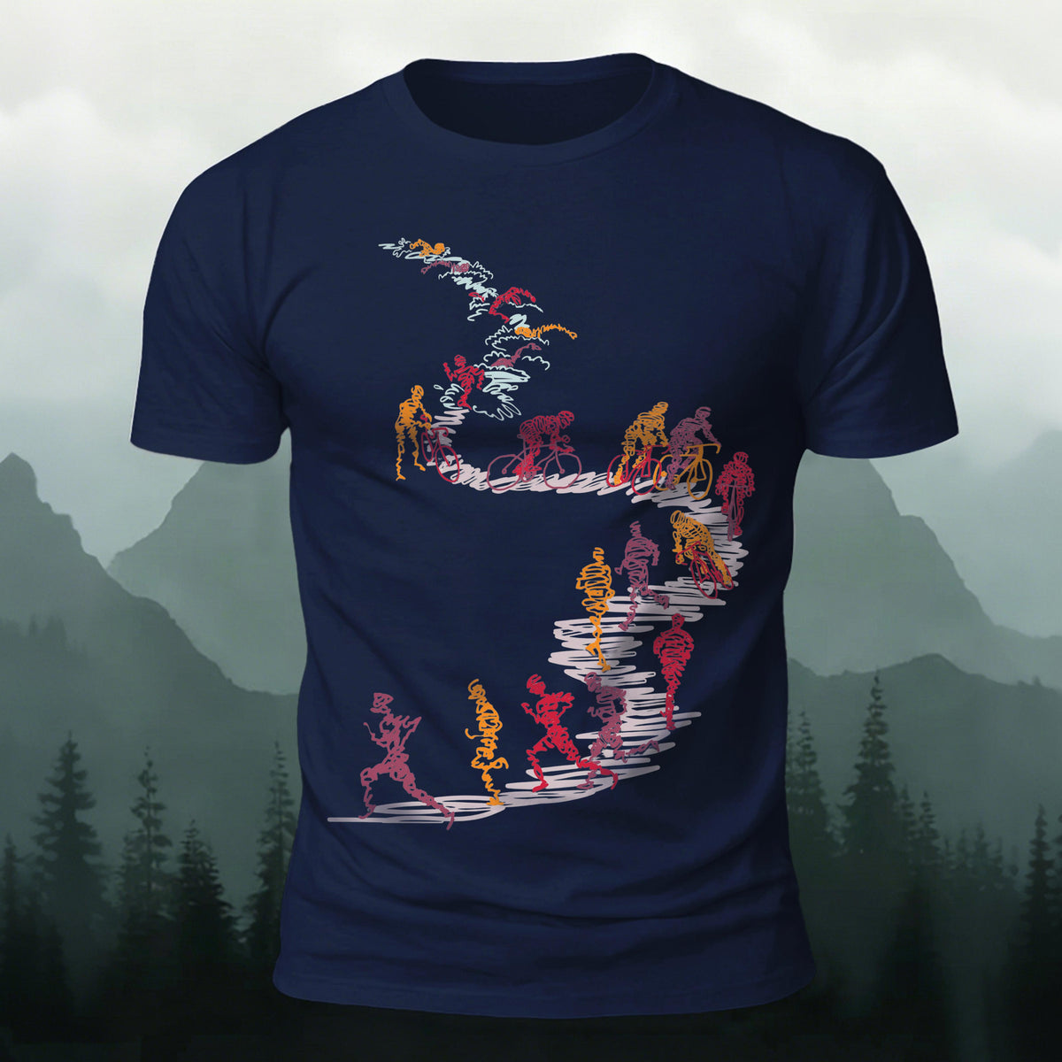 Sublimation Line Art Cyclist Runner Casual T-Shirt