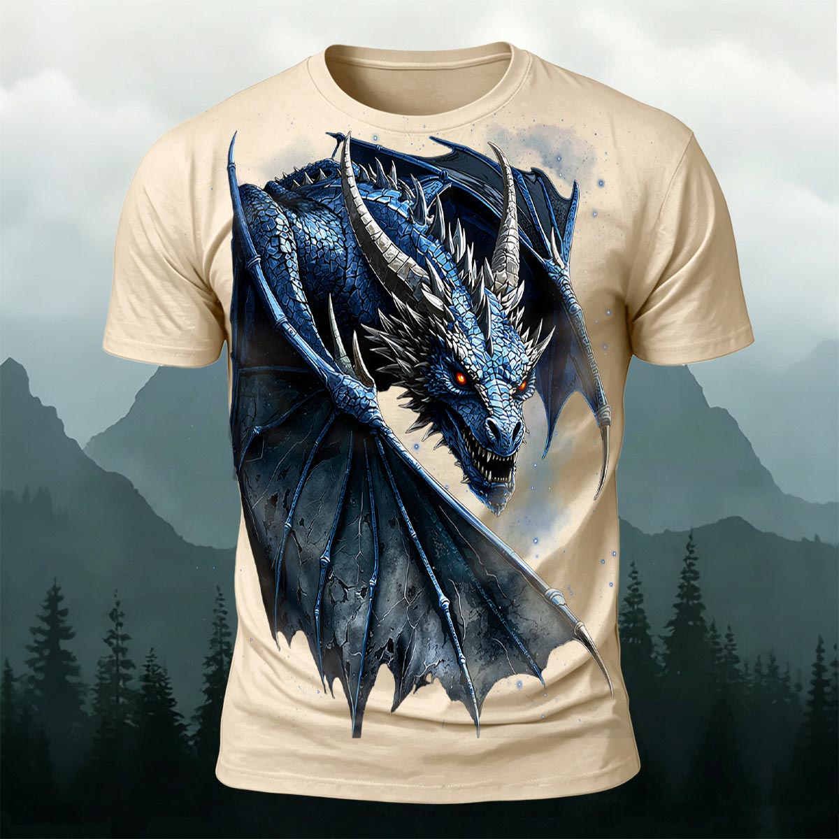 Sublimation Blue Ice Dragon Fantasy Casual T-Shirt