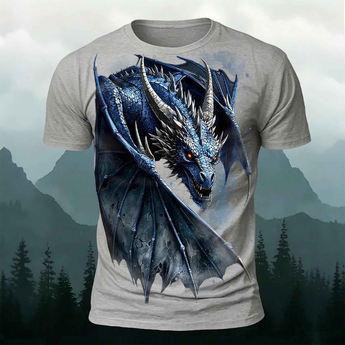 Sublimation Blue Ice Dragon Fantasy Casual T-Shirt