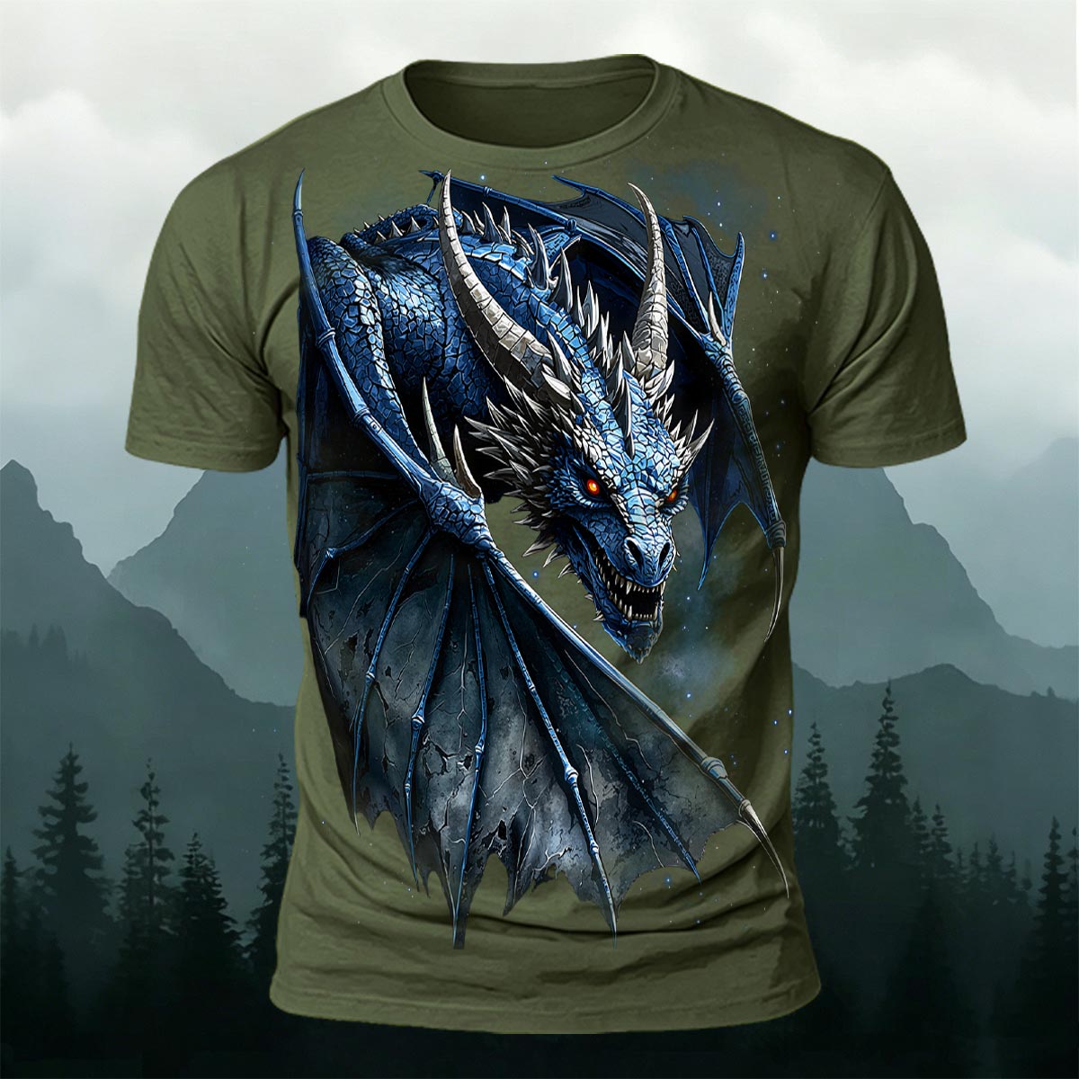 Sublimation Blue Ice Dragon Fantasy Casual T-Shirt