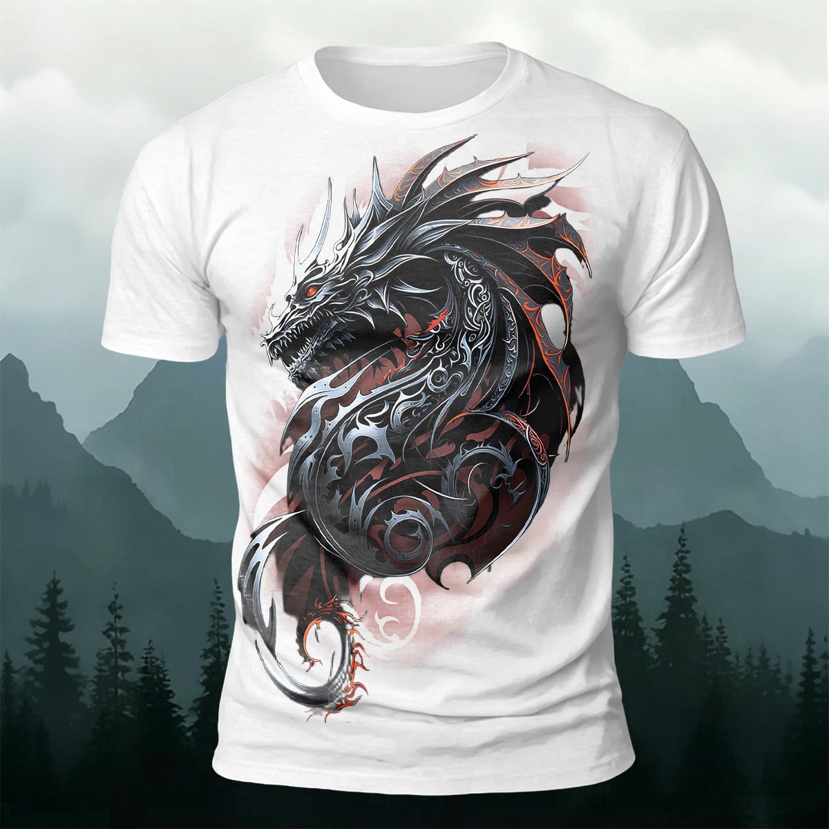 Sublimation Ornate Tribal Dark Dragon Casual T-Shirt