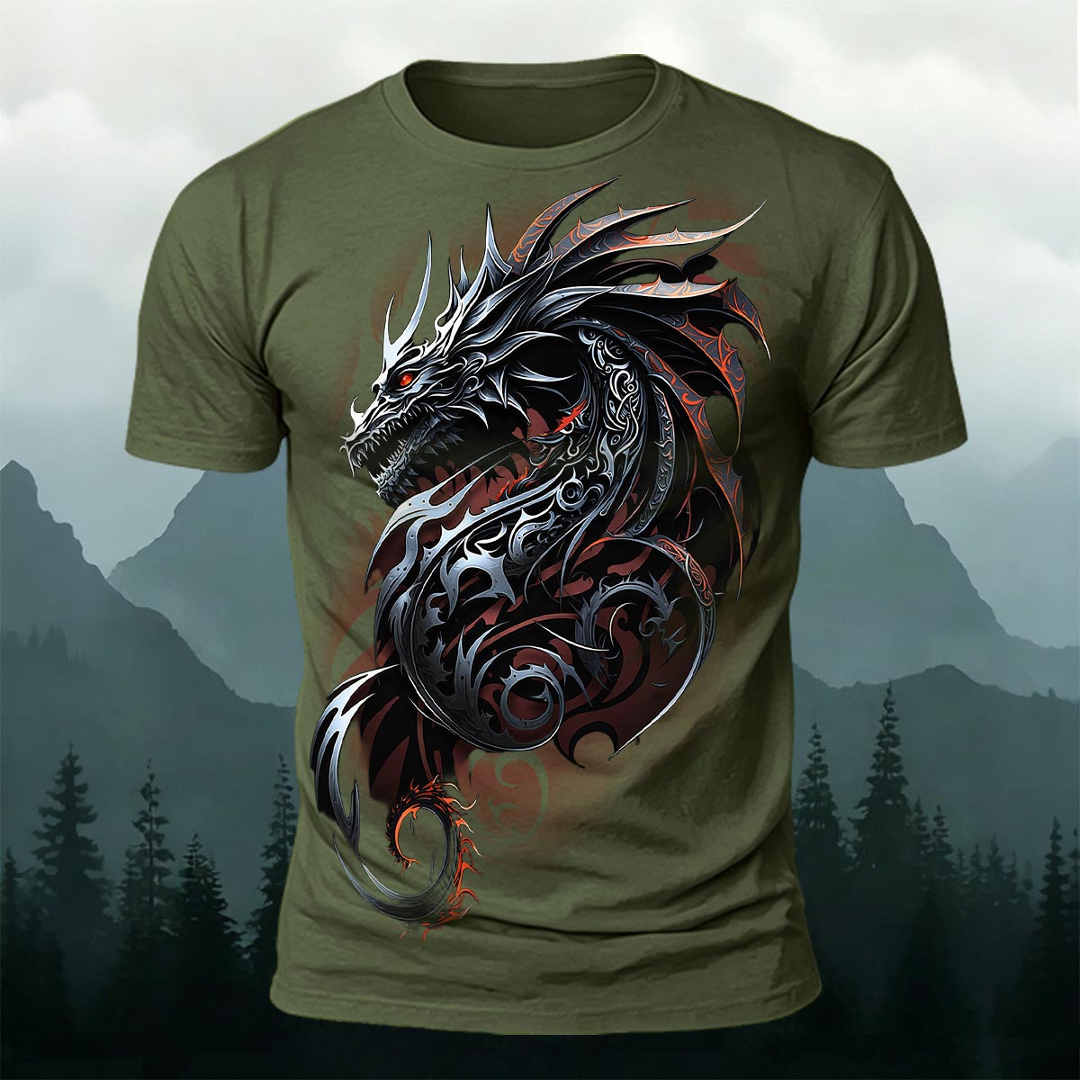 Sublimation Ornate Tribal Dark Dragon Casual T-Shirt