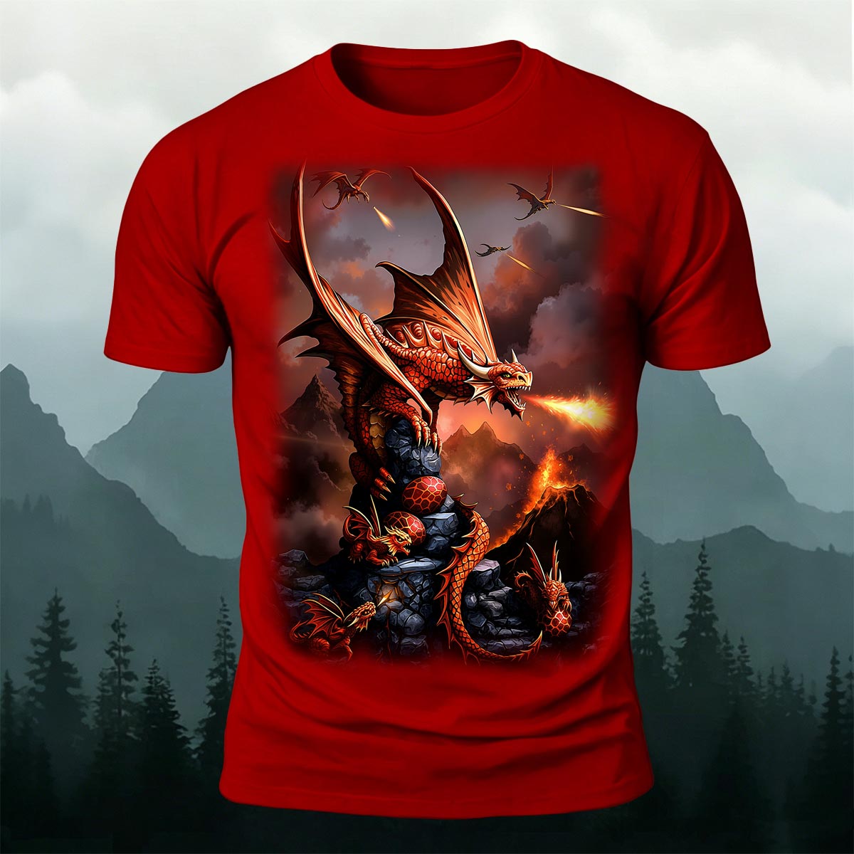 Sublimation Volcano Fire Dragon Fantasy Casual Tee