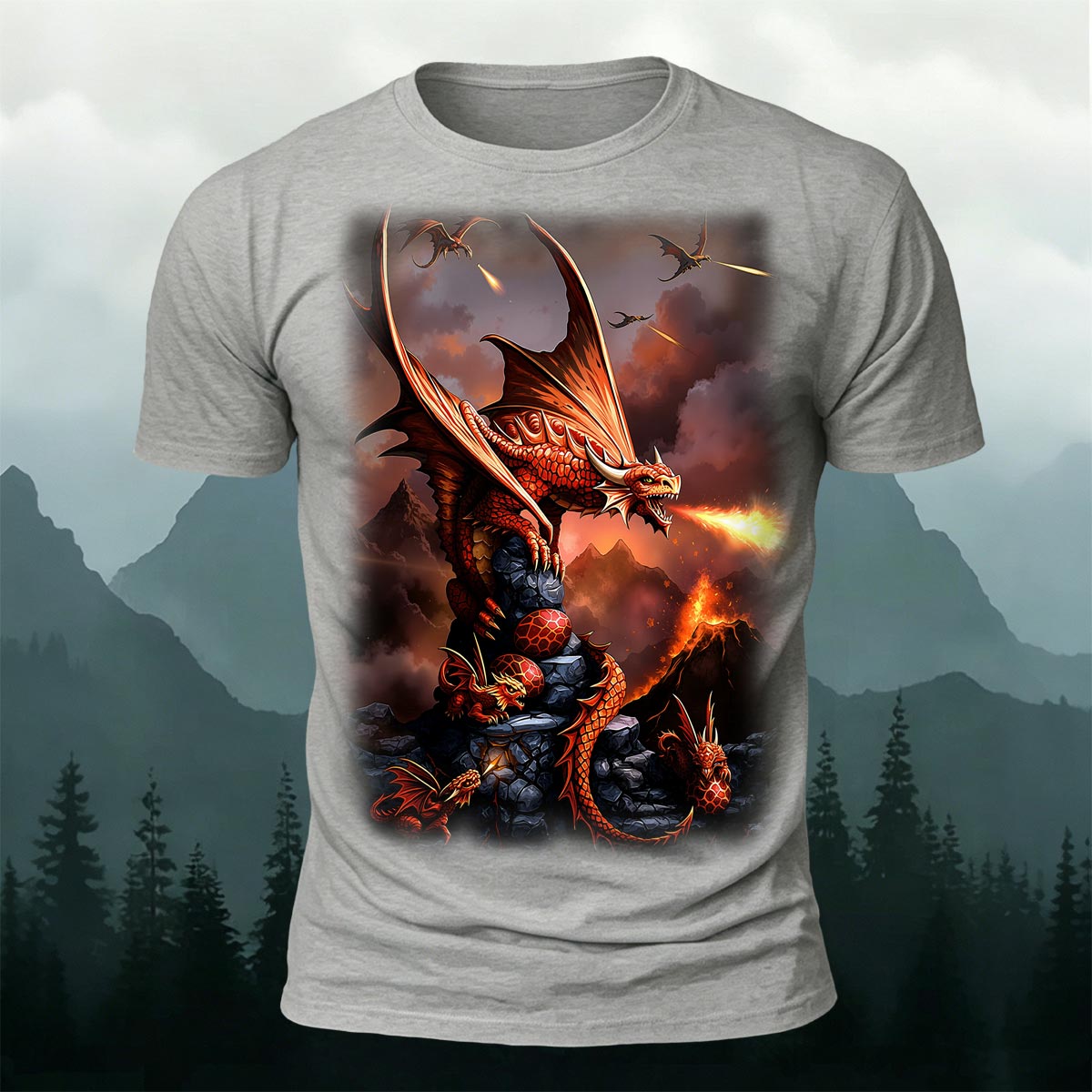 Sublimation Volcano Fire Dragon Fantasy Casual Tee