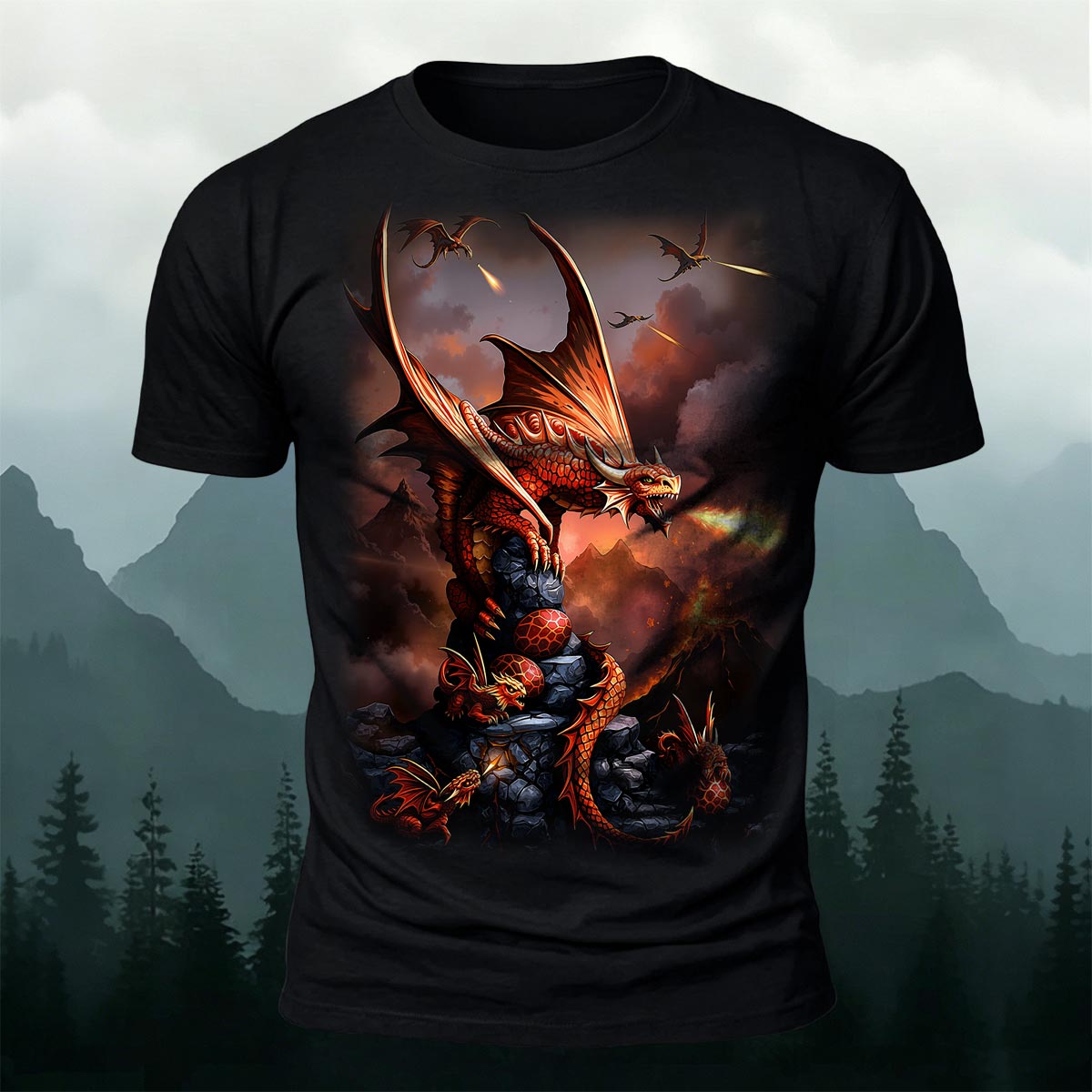 Sublimation Volcano Fire Dragon Fantasy Casual Tee