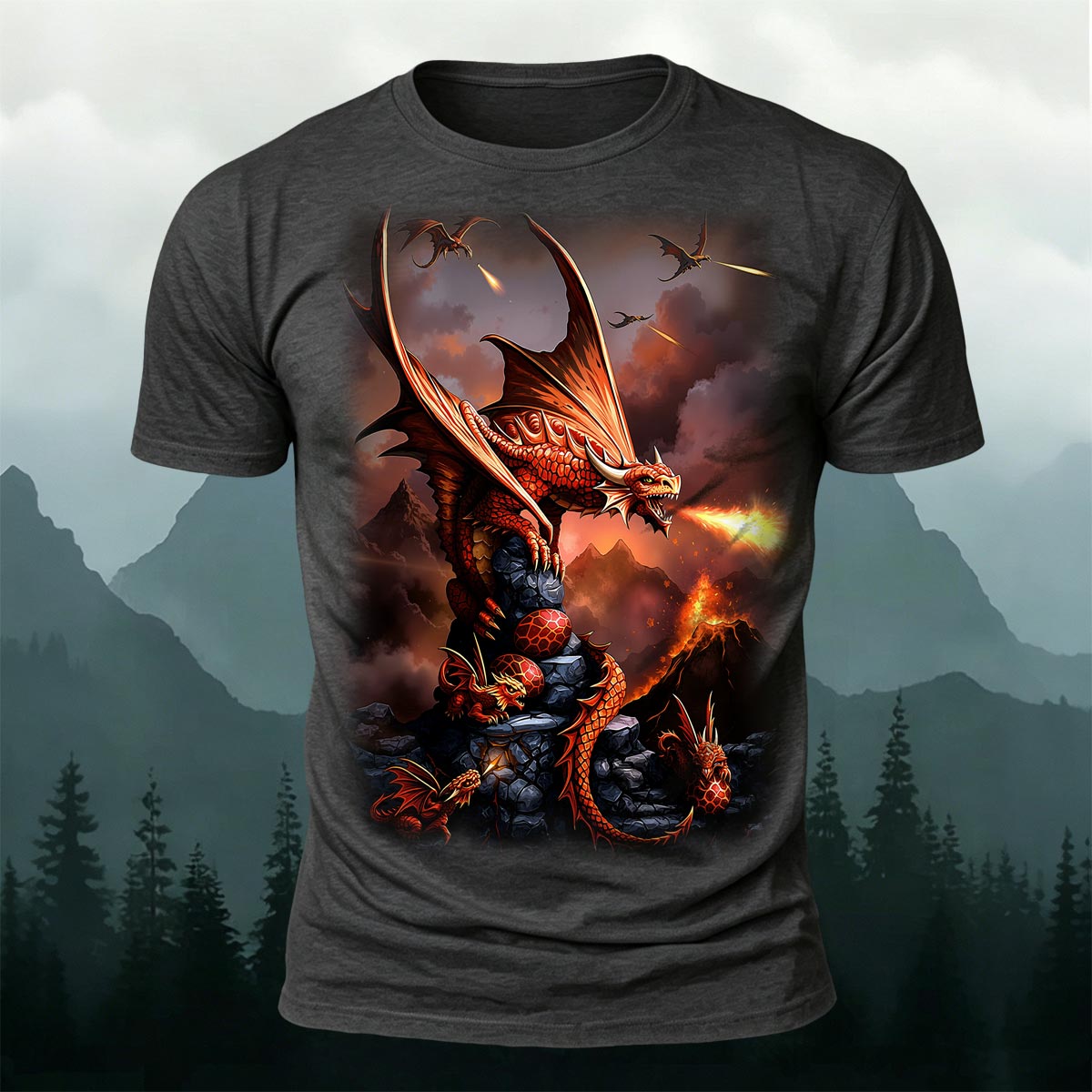 Sublimation Volcano Fire Dragon Fantasy Casual Tee