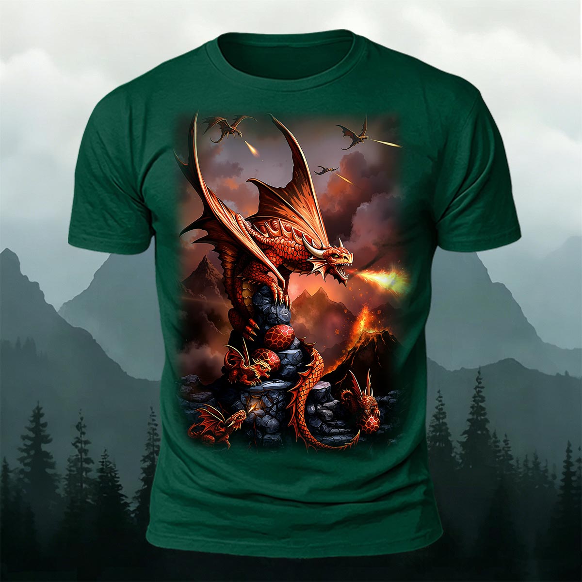 Sublimation Volcano Fire Dragon Fantasy Casual Tee