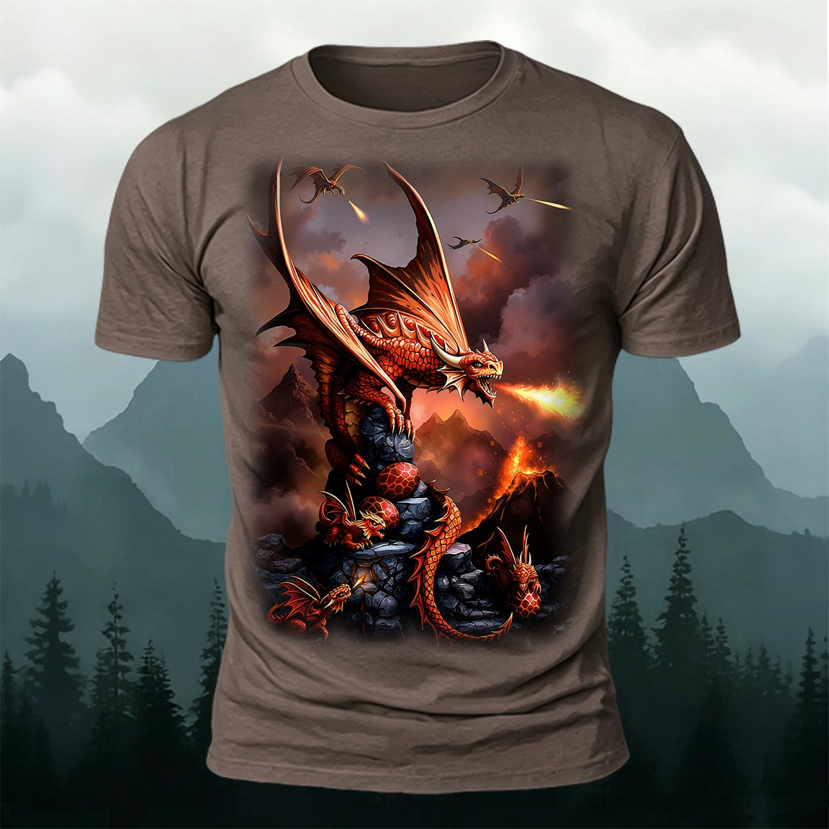 Sublimation Volcano Fire Dragon Fantasy Casual Tee