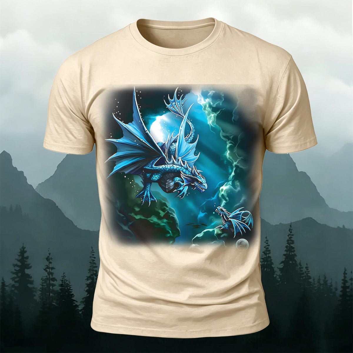 Sublimation Blue Water Dragon Fantasy Casual Tee