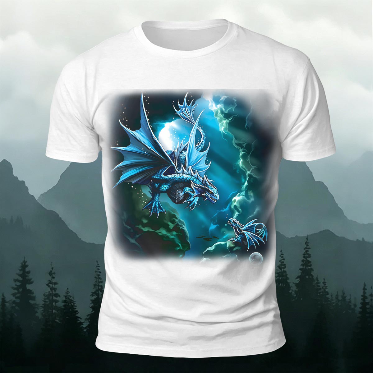 Sublimation Blue Water Dragon Fantasy Casual Tee