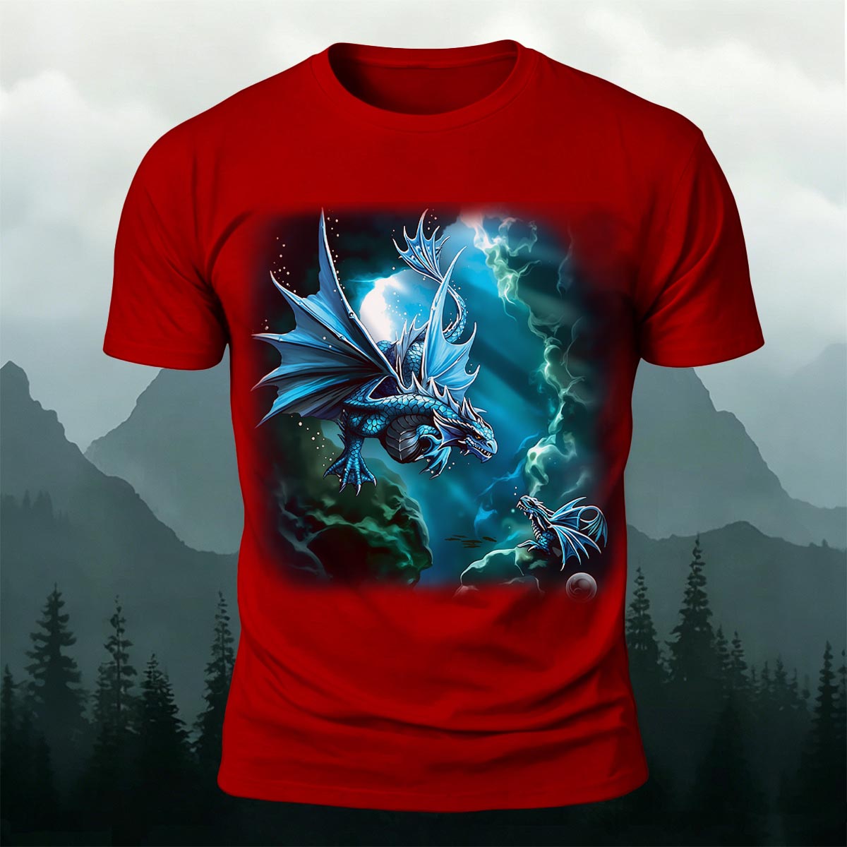 Sublimation Blue Water Dragon Fantasy Casual Tee