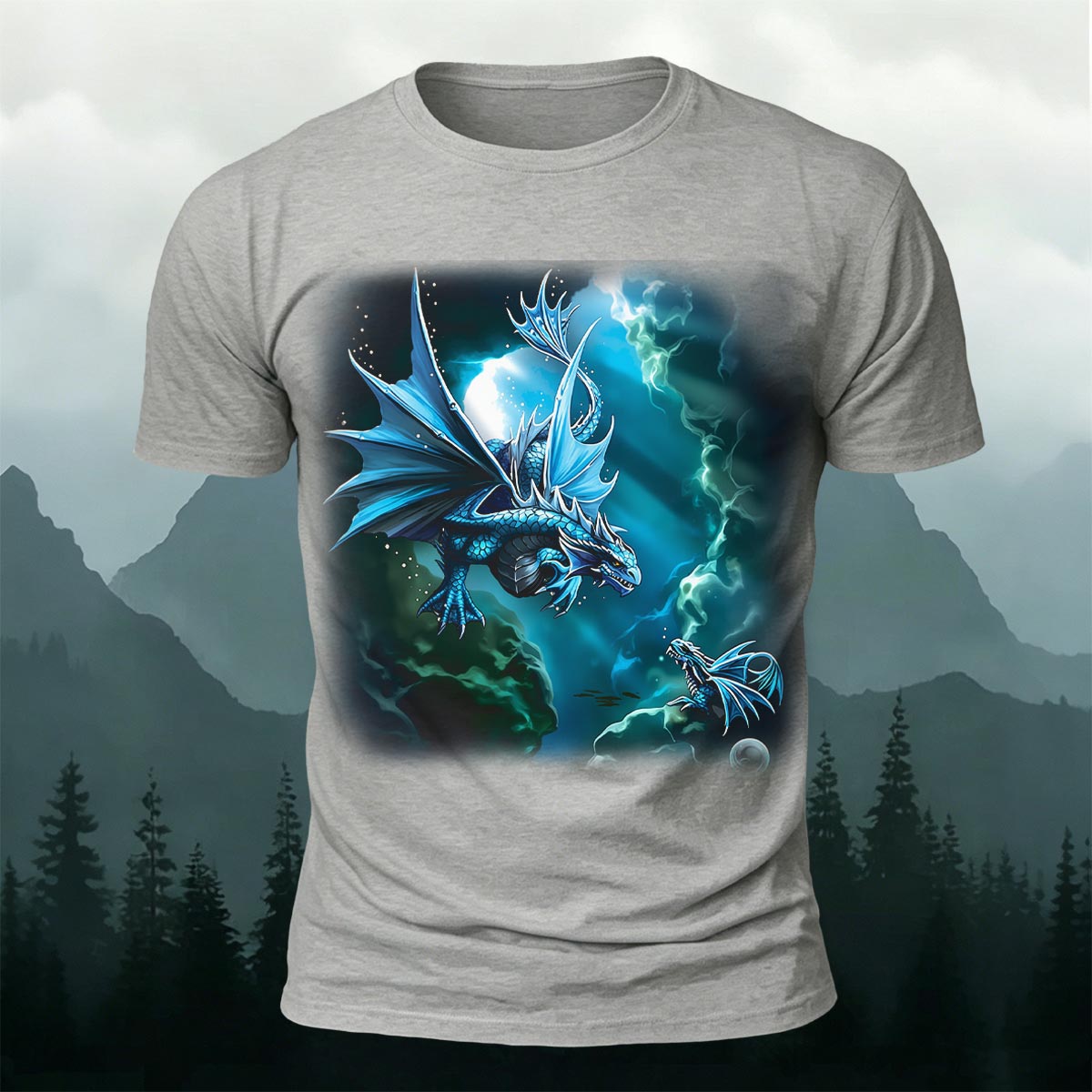Sublimation Blue Water Dragon Fantasy Casual Tee