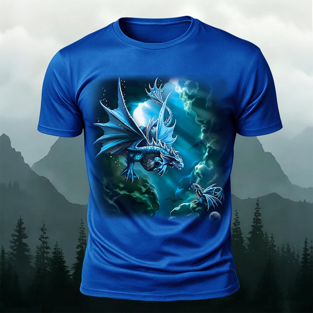 Sublimation Blue Water Dragon Fantasy Casual Tee