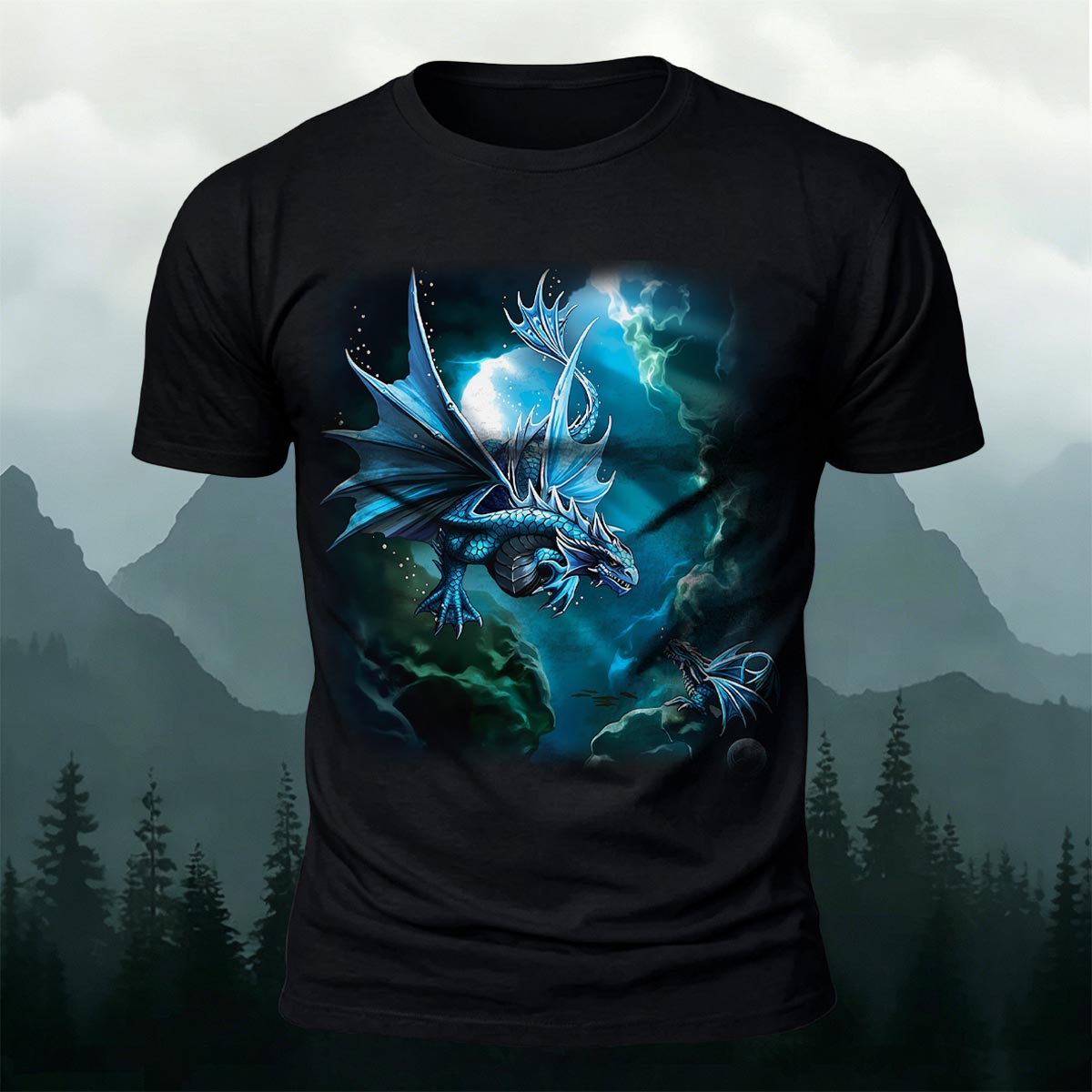Sublimation Blue Water Dragon Fantasy Casual Tee