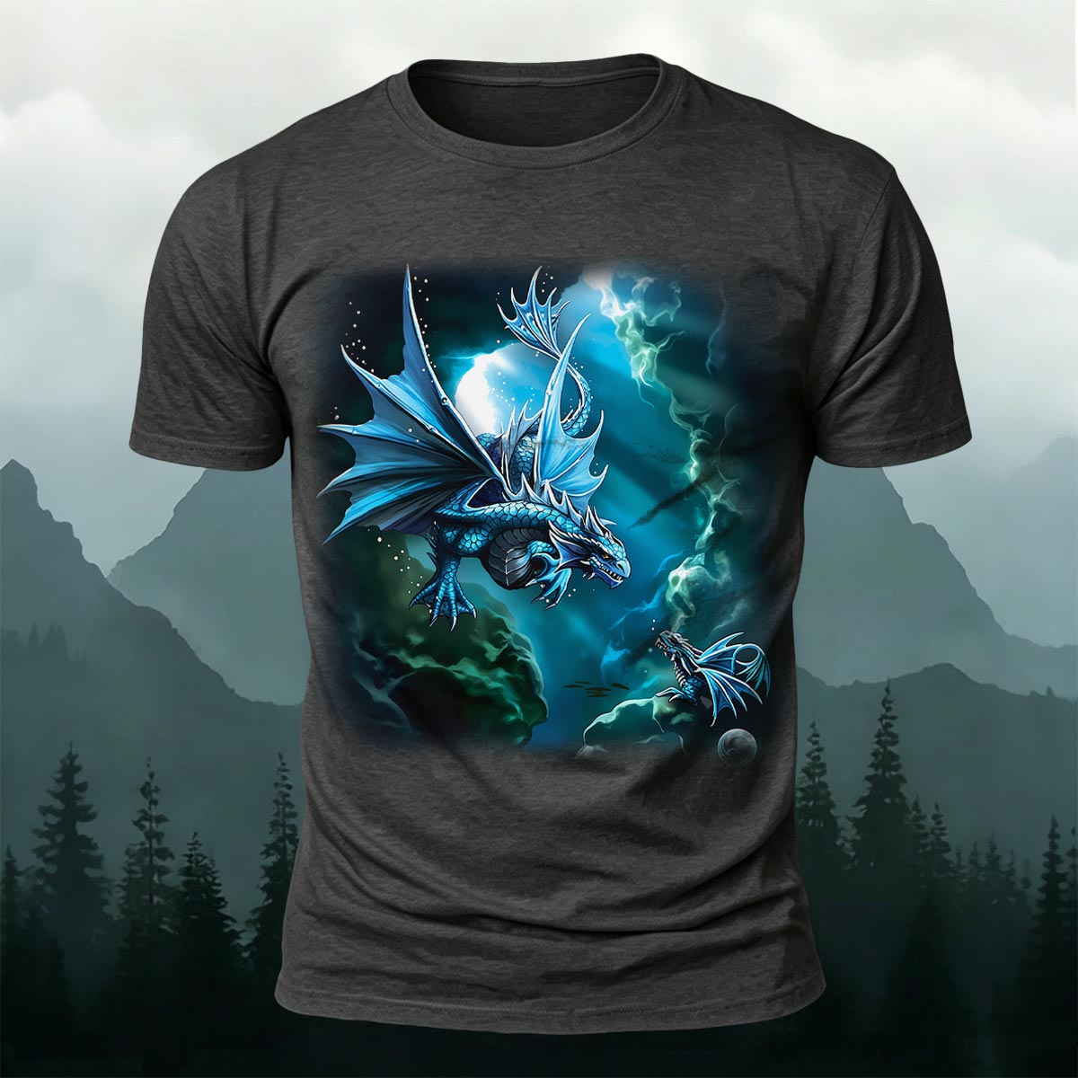 Sublimation Blue Water Dragon Fantasy Casual Tee