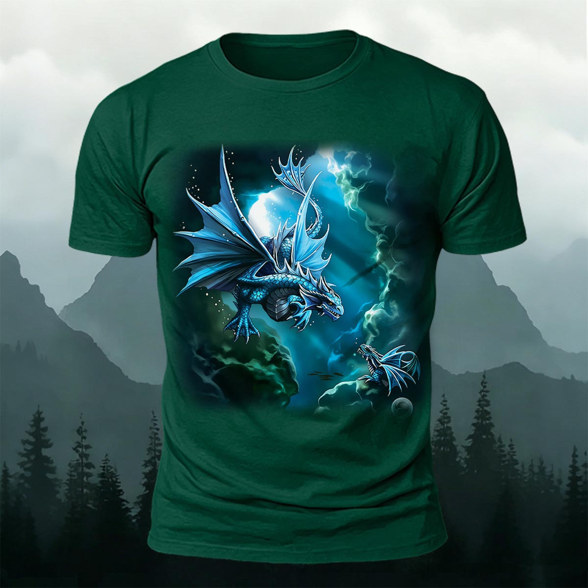 Sublimation Blue Water Dragon Fantasy Casual Tee