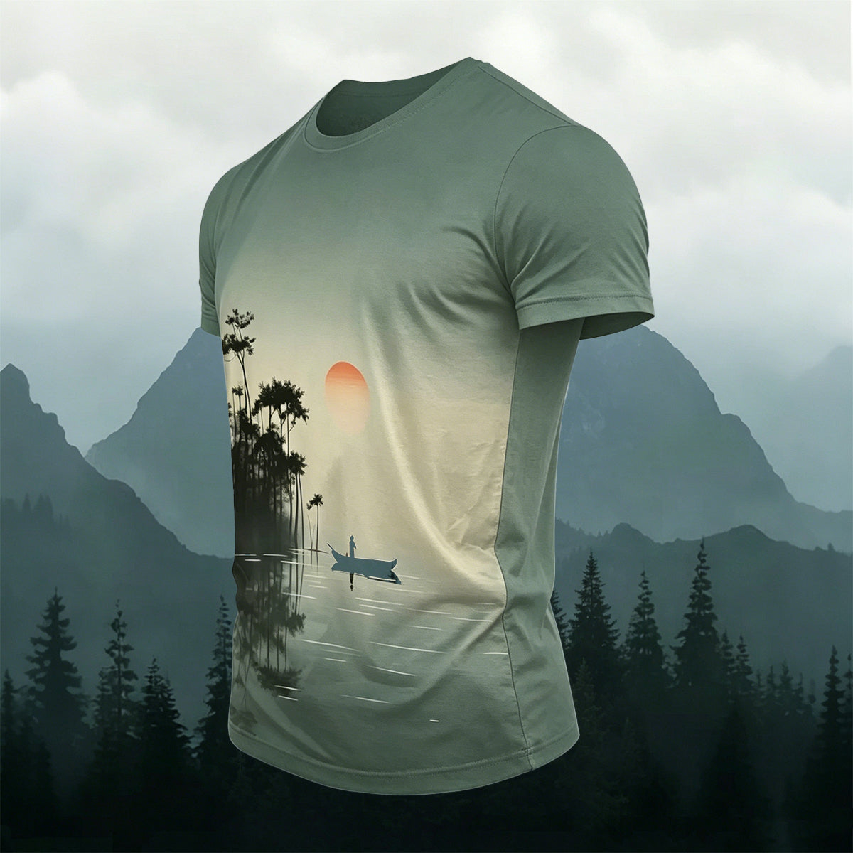 昇華印刷 オリエンタルインク 湖の釣り人 カジュアルTシャツ