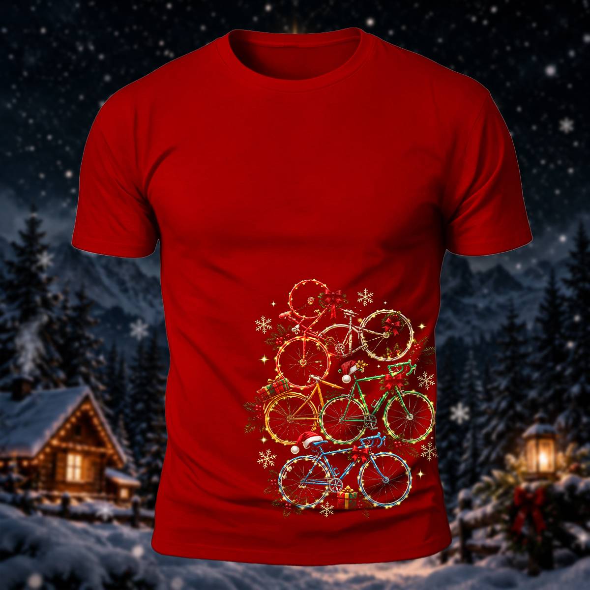 クリスマス バイク スタック プリント カジュアル 半袖Tシャツ