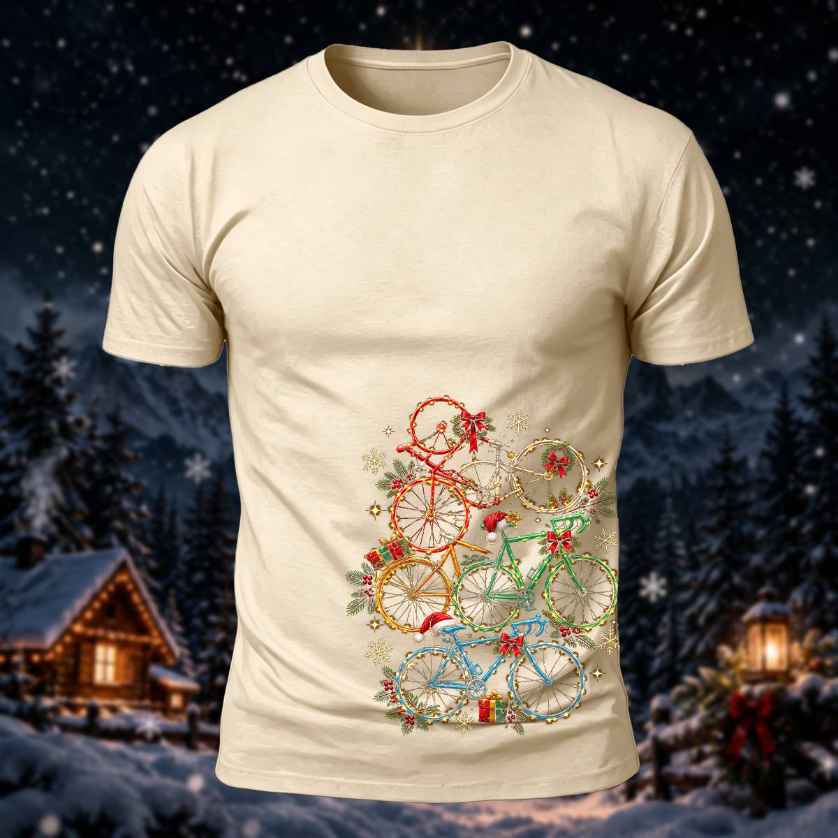 クリスマス バイク スタック プリント カジュアル 半袖Tシャツ