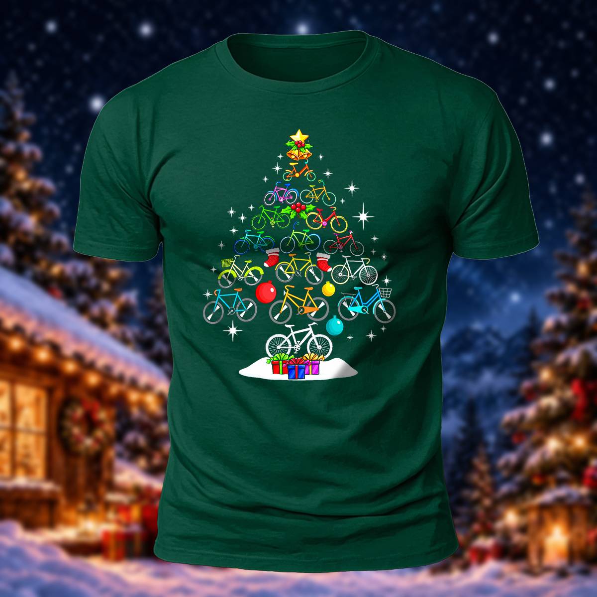 Bicycle Christmas Tree Print Casual Short Sleeve T-Shirt