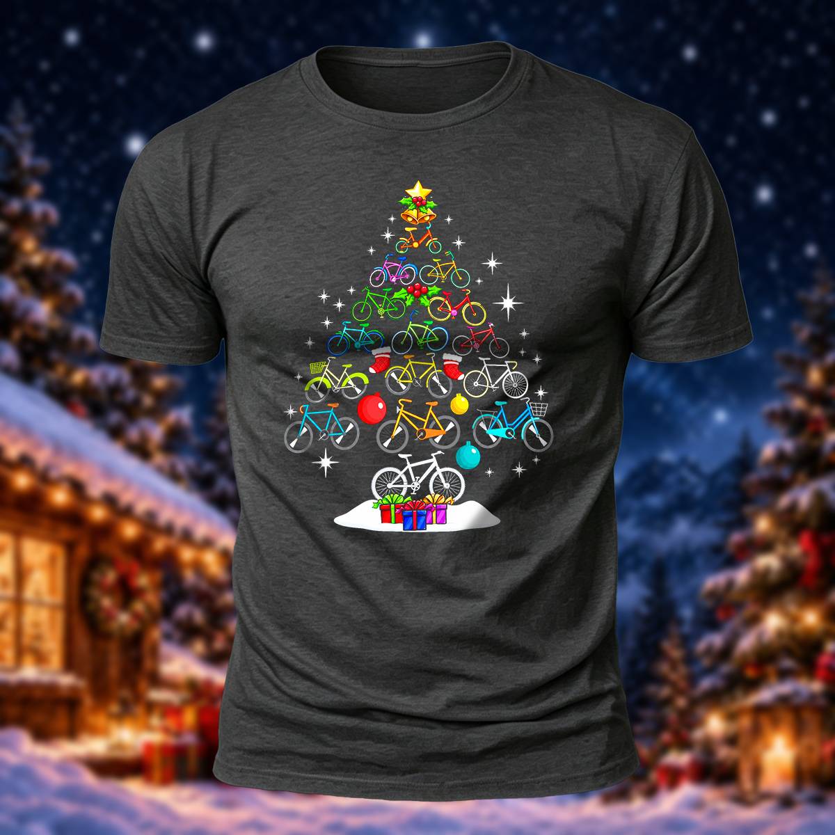 Bicycle Christmas Tree Print Casual Short Sleeve T-Shirt