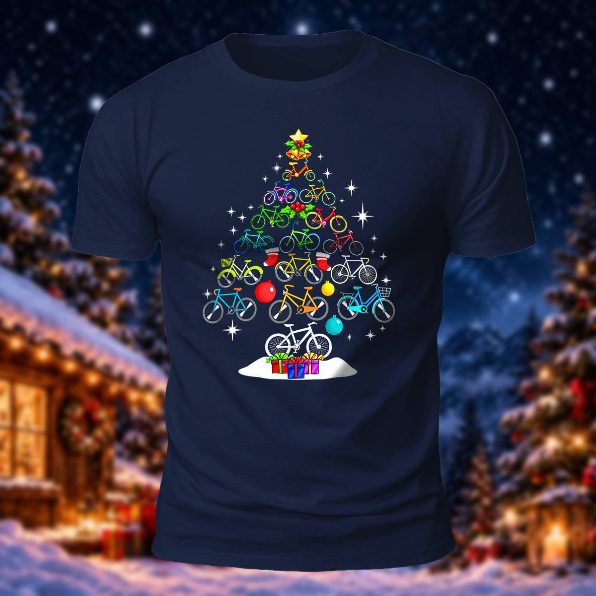 Bicycle Christmas Tree Print Casual Short Sleeve T-Shirt