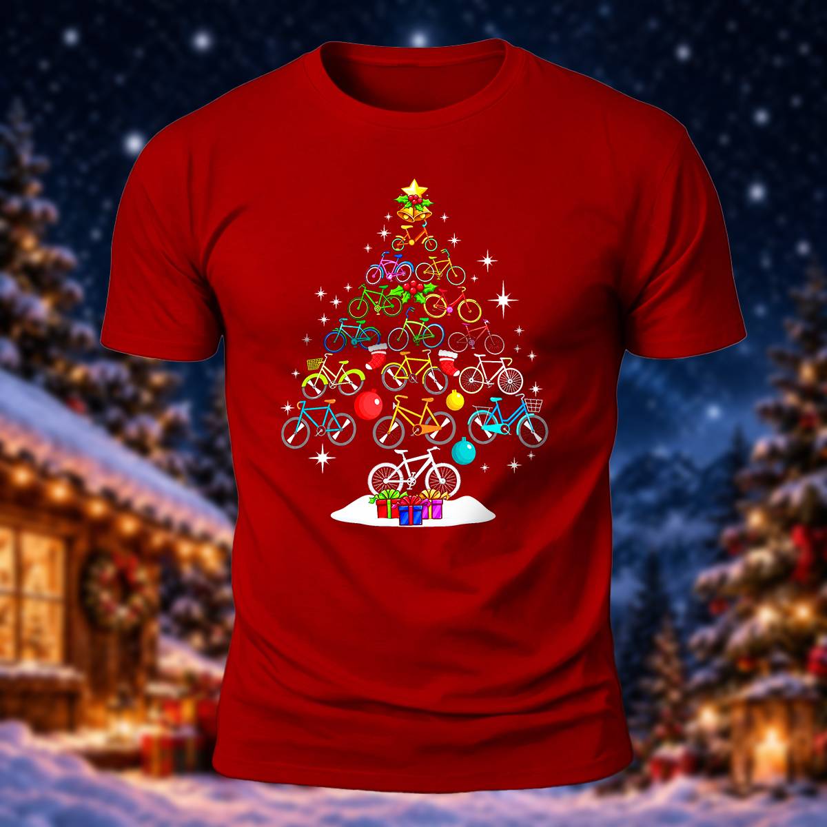 Bicycle Christmas Tree Print Casual Short Sleeve T-Shirt
