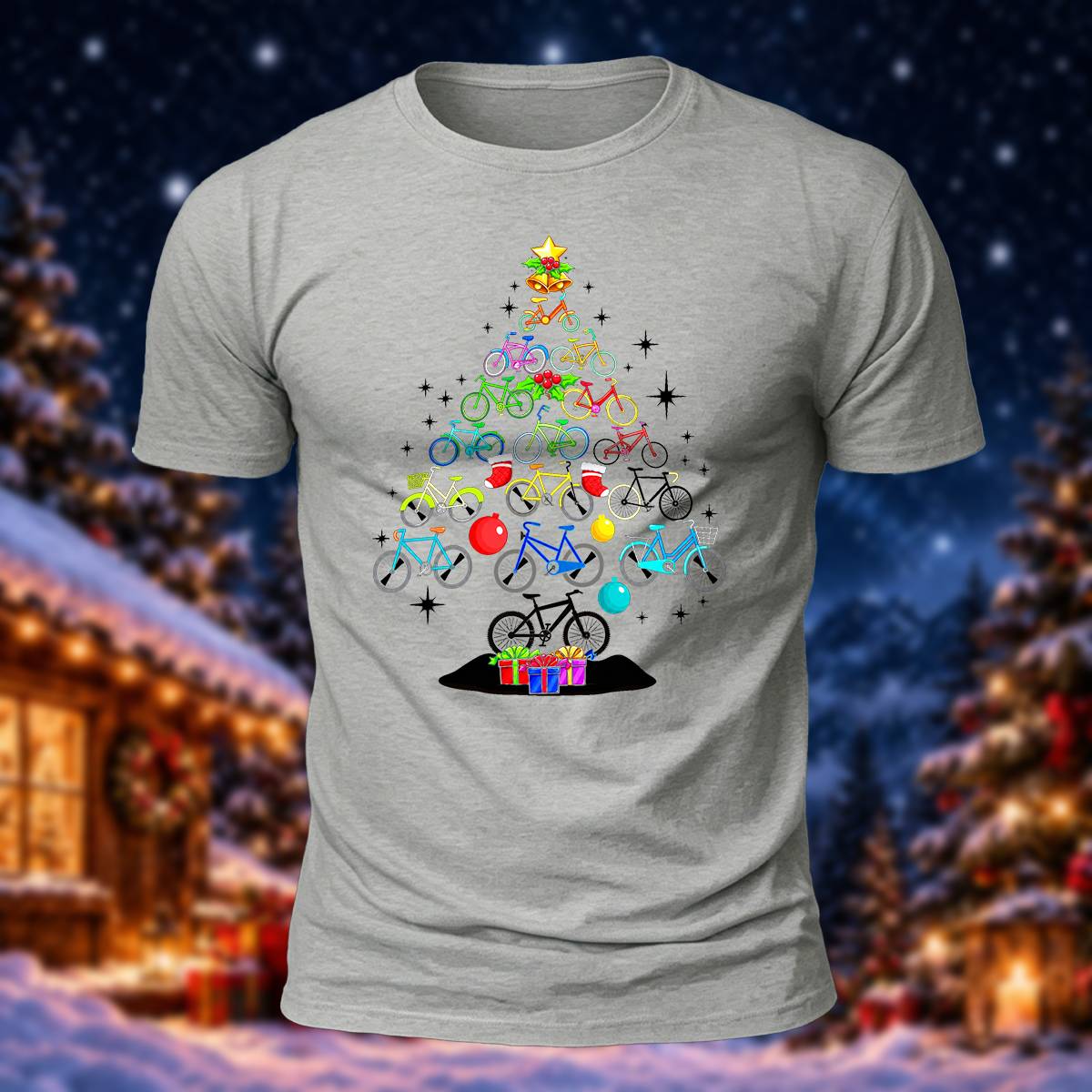 Bicycle Christmas Tree Print Casual Short Sleeve T-Shirt