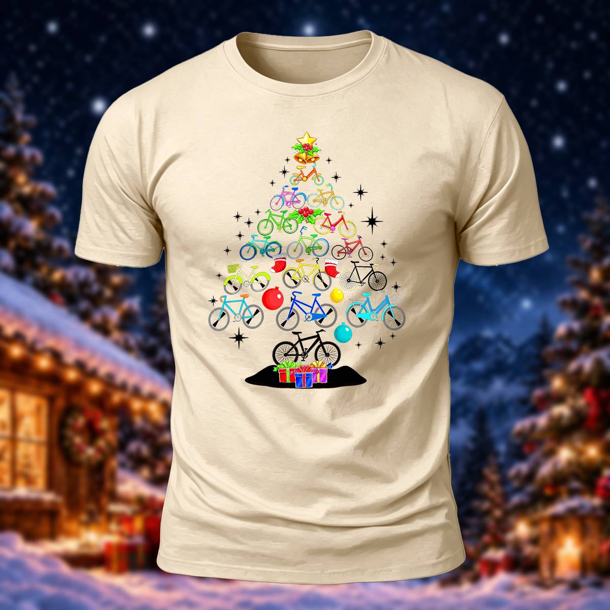 Bicycle Christmas Tree Print Casual Short Sleeve T-Shirt