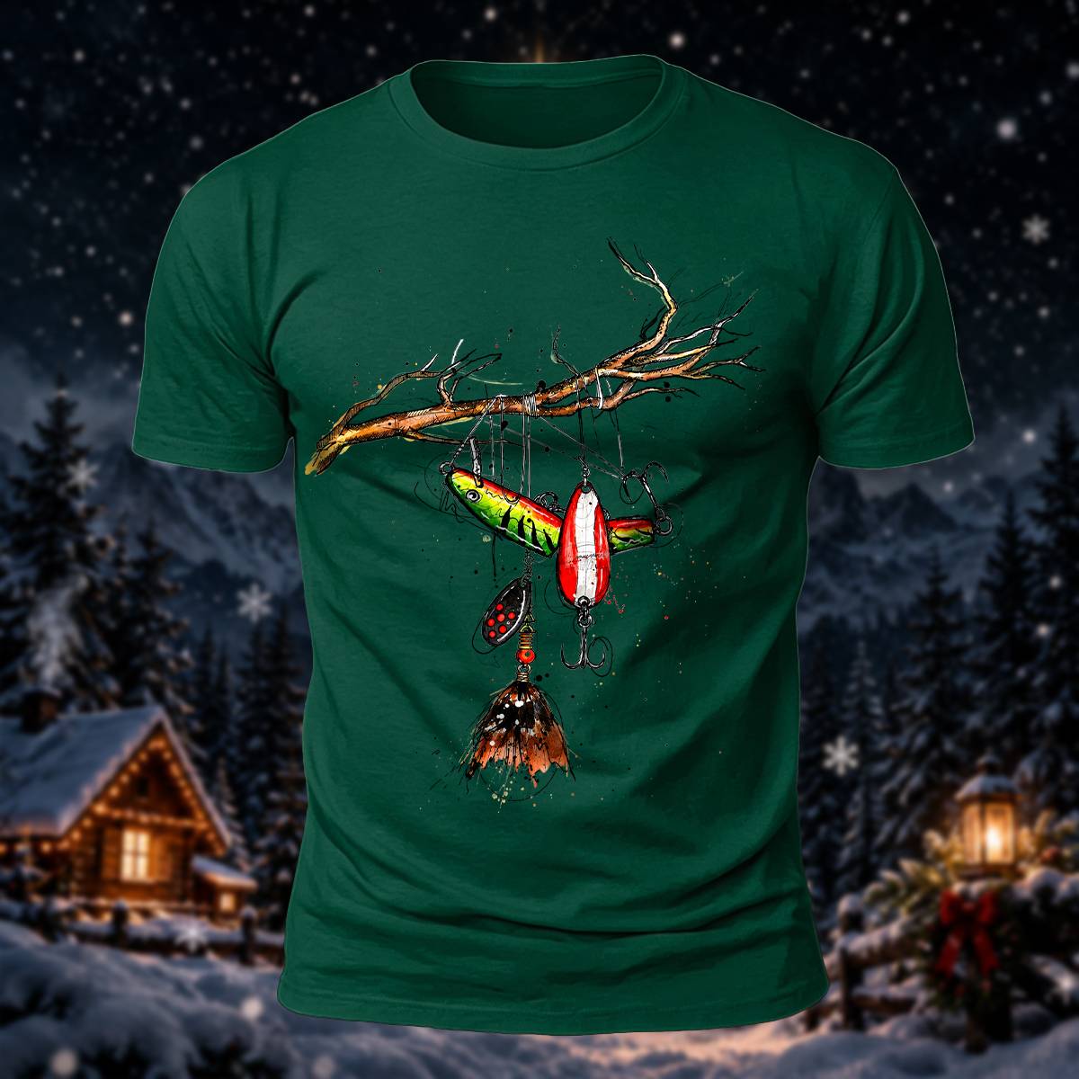 Fishing Lure Branch Christmas Print Casual T-Shirt