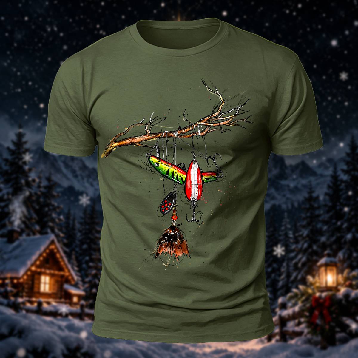 Fishing Lure Branch Christmas Print Casual T-Shirt