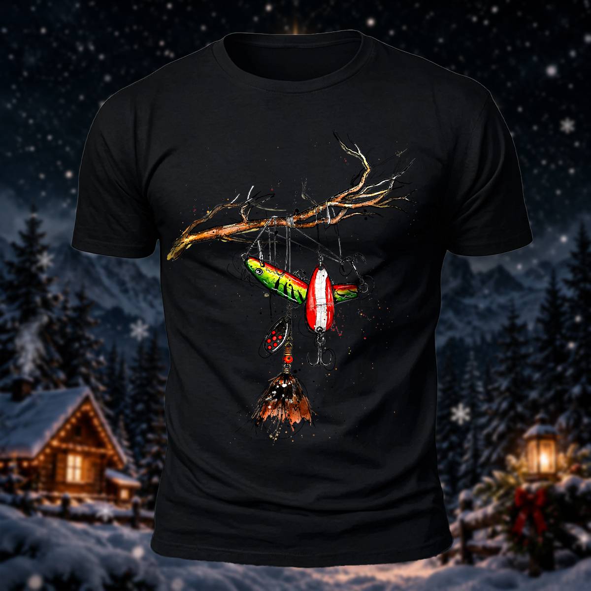 Fishing Lure Branch Christmas Print Casual T-Shirt