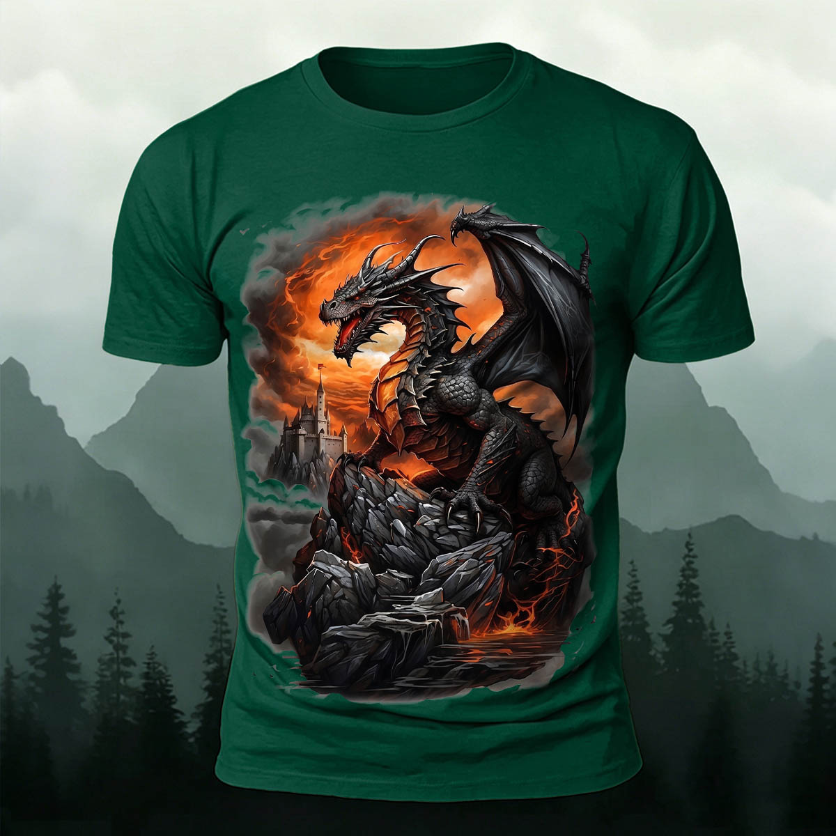 昇華印刷 ファンタジー ドラゴン 城 火山 カジュアルTシャツ