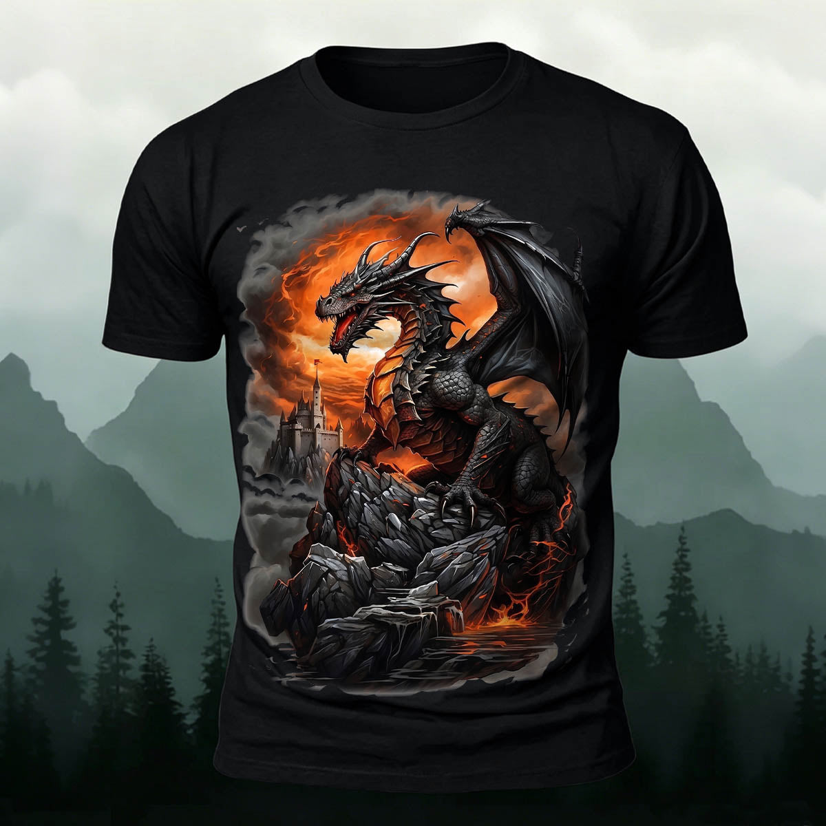 昇華印刷 ファンタジー ドラゴン 城 火山 カジュアルTシャツ