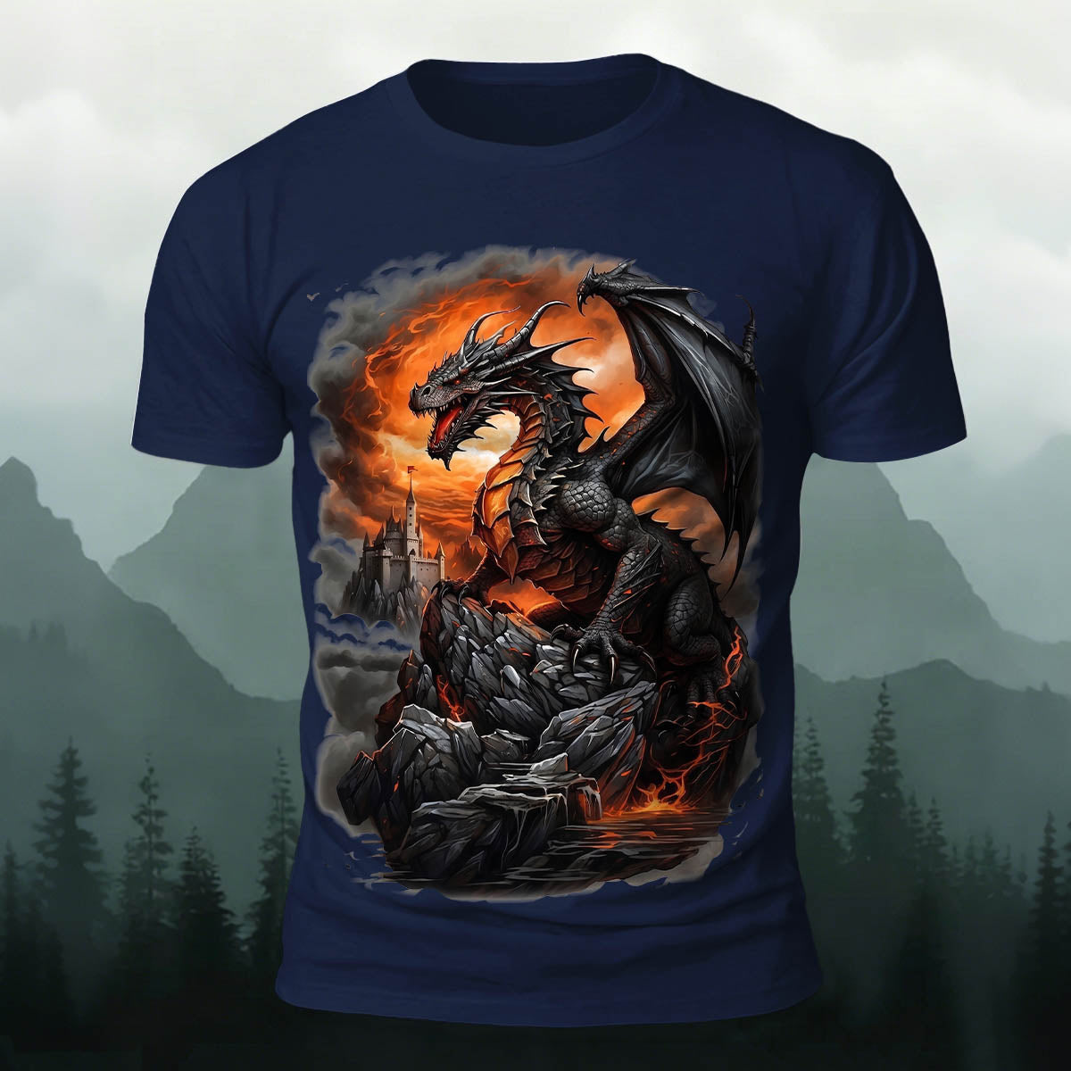 昇華印刷 ファンタジー ドラゴン 城 火山 カジュアルTシャツ