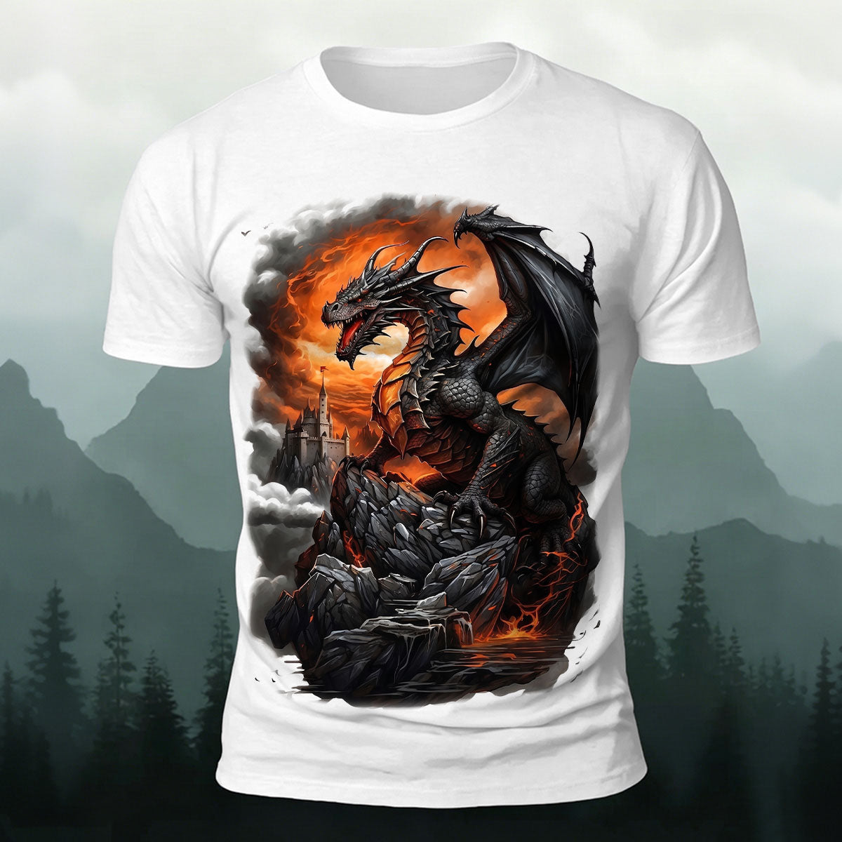 昇華印刷 ファンタジー ドラゴン 城 火山 カジュアルTシャツ