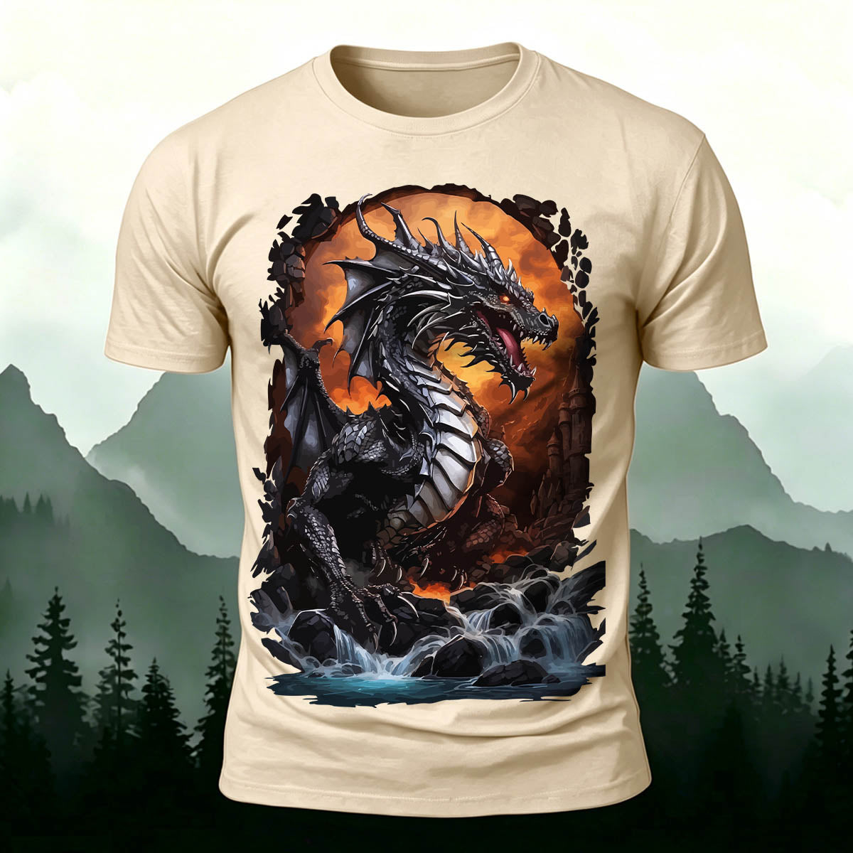 昇華印刷 ファンタジー 黒竜の滝 カジュアルTシャツ