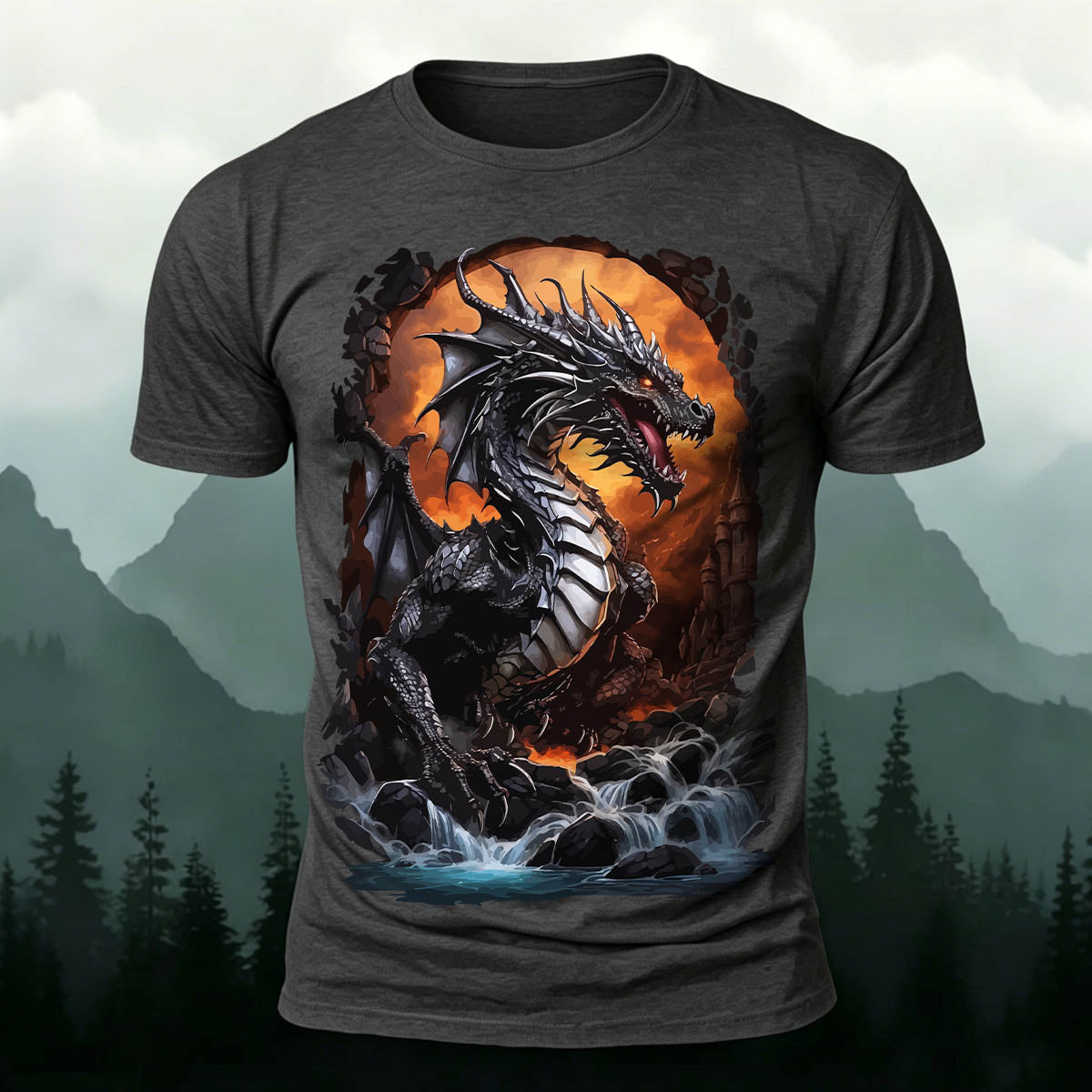 昇華印刷 ファンタジー 黒竜の滝 カジュアルTシャツ