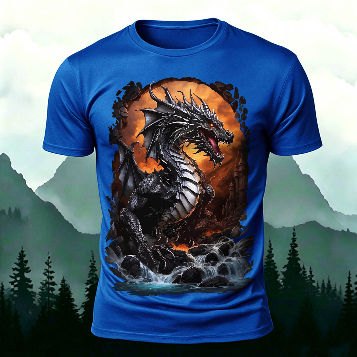 昇華印刷 ファンタジー 黒竜の滝 カジュアルTシャツ