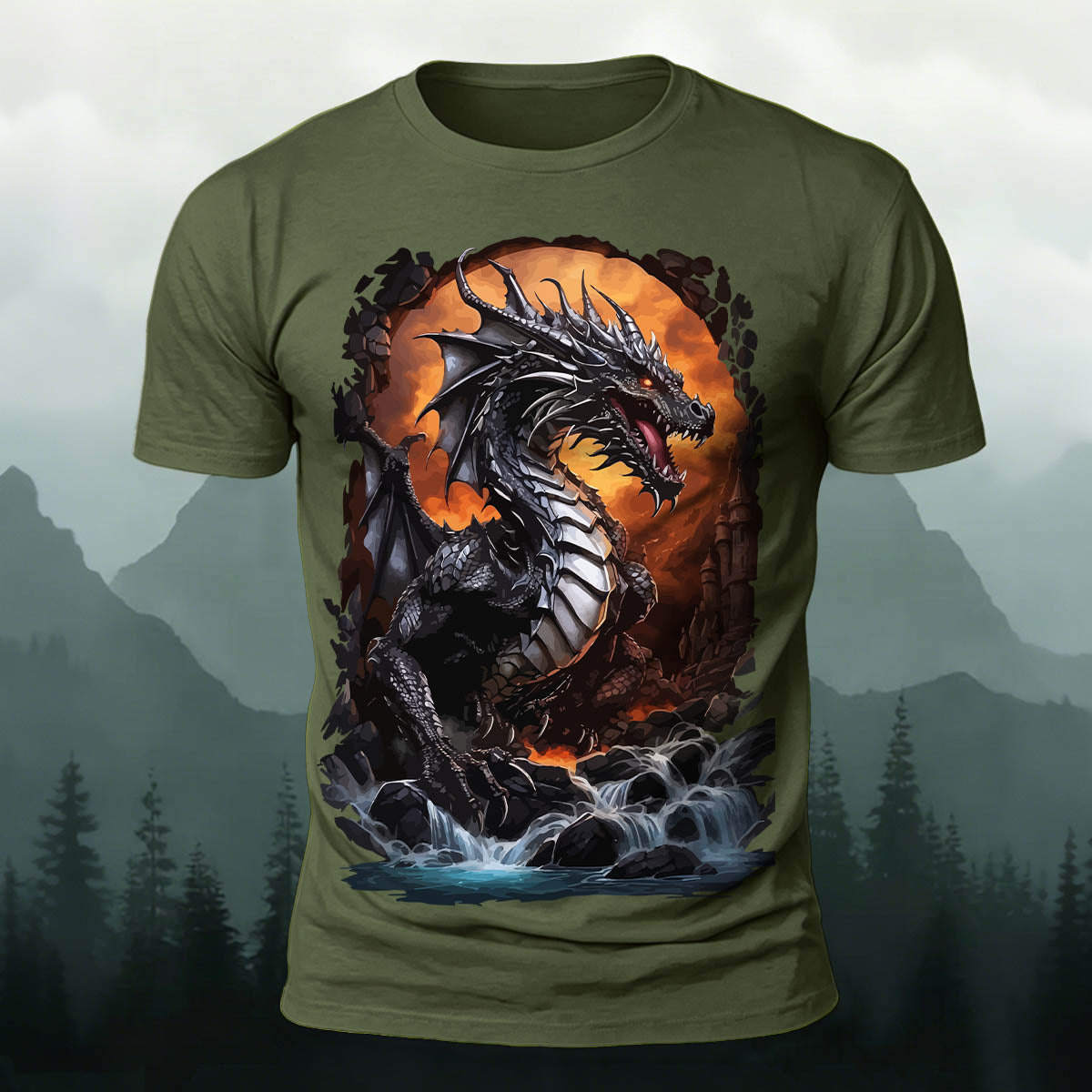 昇華印刷 ファンタジー 黒竜の滝 カジュアルTシャツ