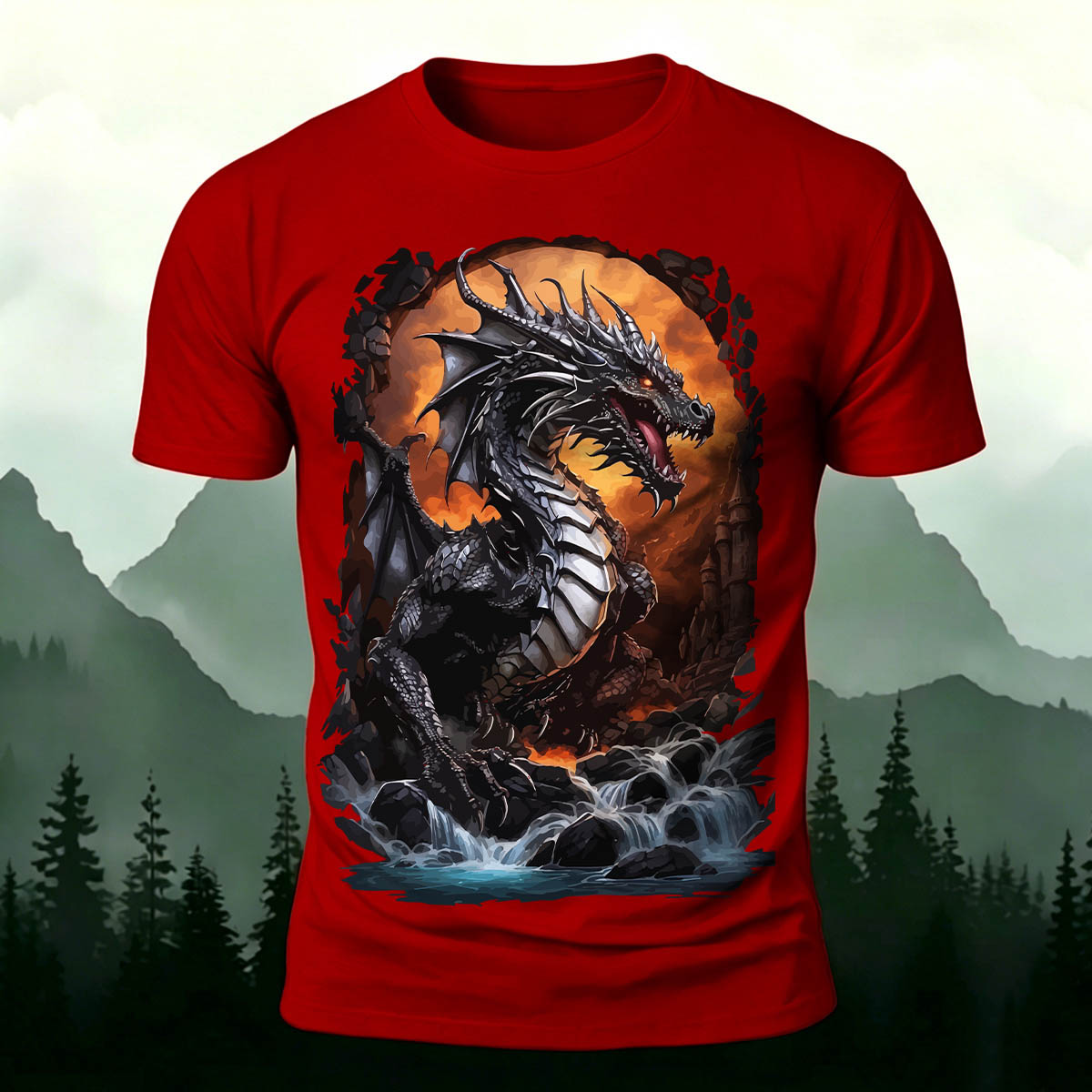 昇華印刷 ファンタジー 黒竜の滝 カジュアルTシャツ