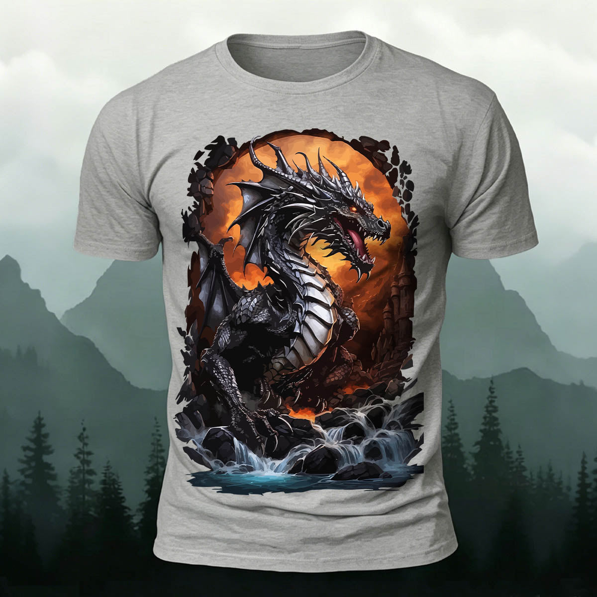 昇華印刷 ファンタジー 黒竜の滝 カジュアルTシャツ
